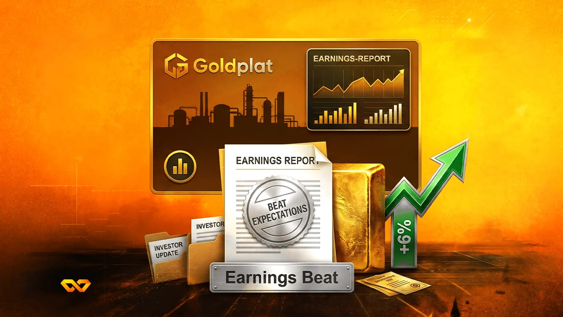 رسم بياني لأرباح Goldplat مع سبيكة ذهب وسهم أخضر صاعد ومستندات على خلفية برتقالية.