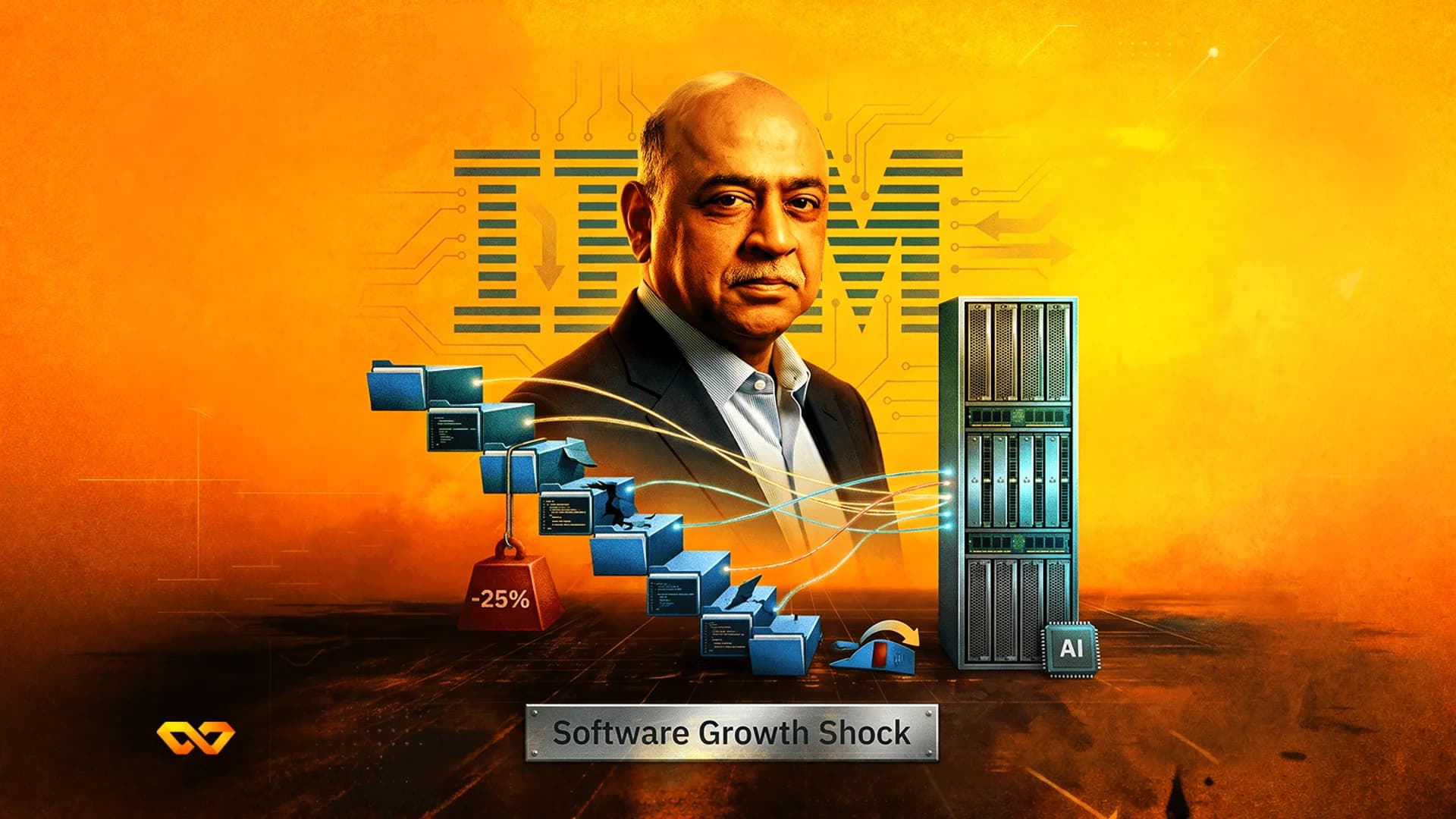 صورة لأرفيند كريشنا مع شعار IBM، وخزانة خوادم، وسلسلة مجلدات هابطة تحمل علامة -25%.