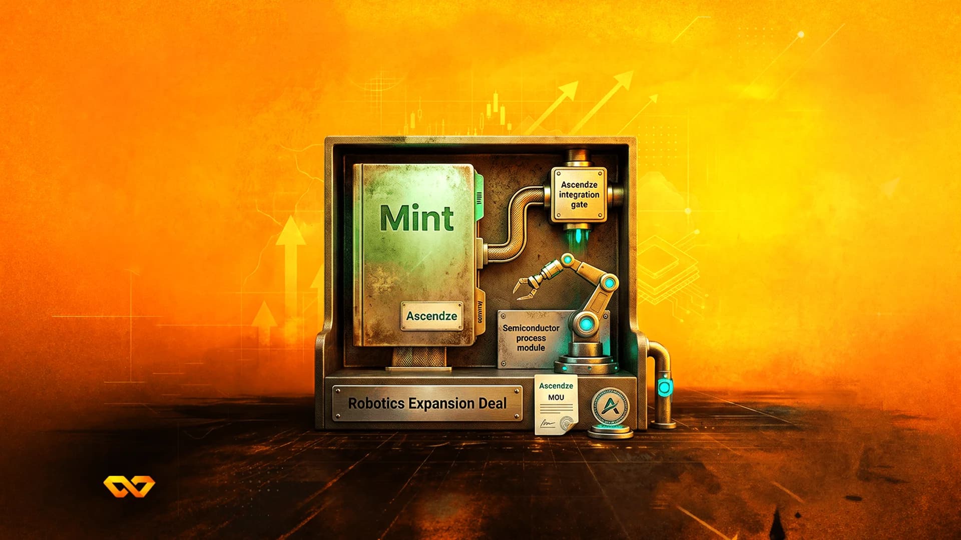 آلة معدنية بذراع آلية، تحمل ملصقات 'Mint' و'Ascendze'، على خلفية برتقالية مع رسوم بيانية للأسهم.