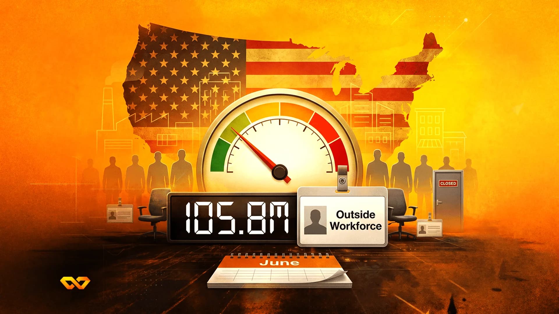 رسم توضيحي لخريطة أمريكا، مقياس، شاشة رقمية تعرض 105.8M، وبطاقة هوية مكتوب عليها 'Outside Workforce'.