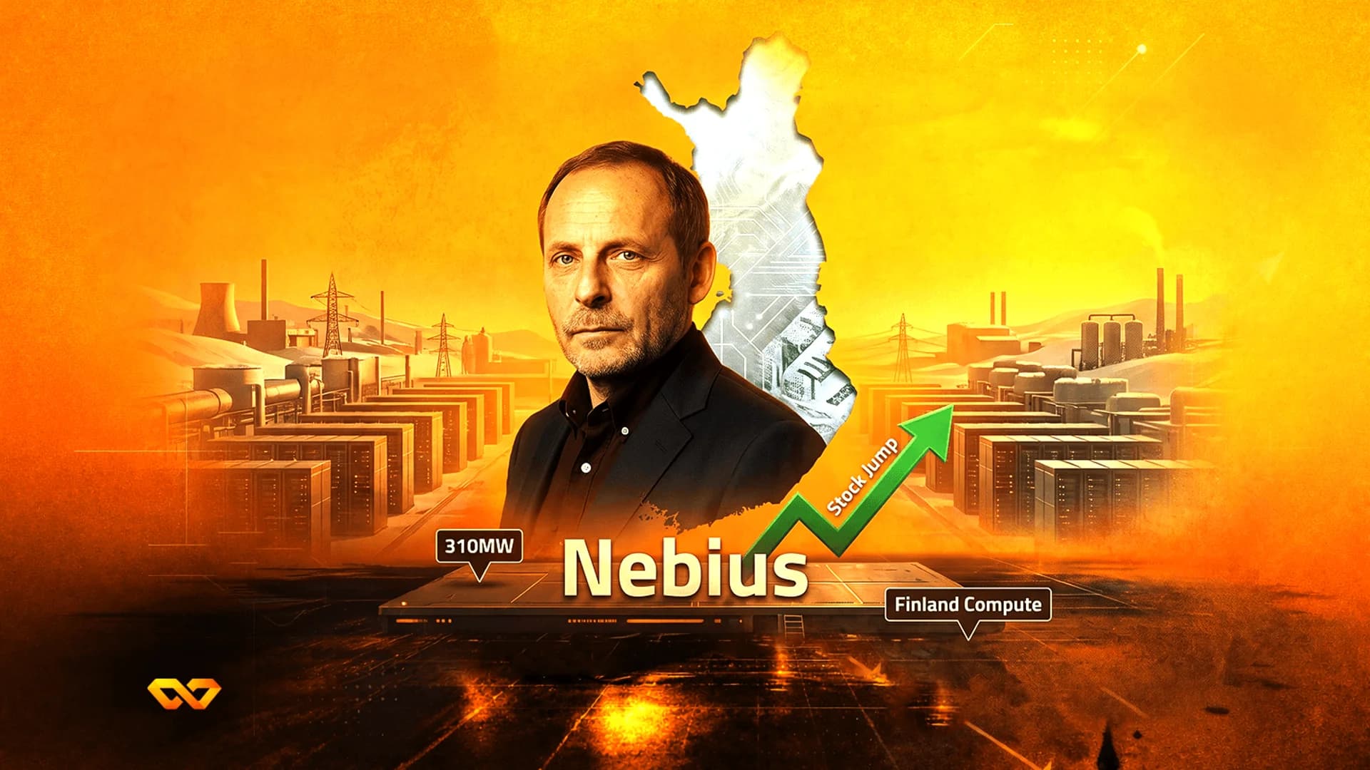 صورة لرجل فوق خريطة فنلندا ومركز بيانات، مع نص 'Nebius' وسهم أخضر يشير لارتفاع الأسهم.