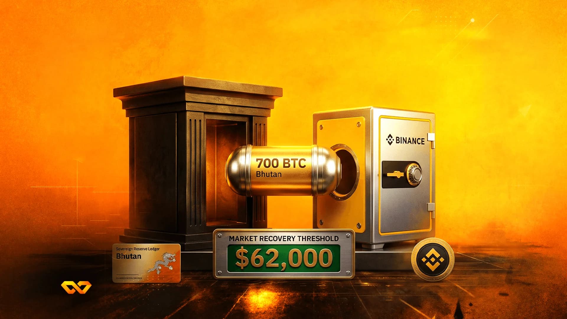 كبسولة ذهبية مكتوب عليها 700 BTC Bhutan تدخل خزنة بينانس بجوار لافتة تعافي السوق بقيمة 62,000 دولار.