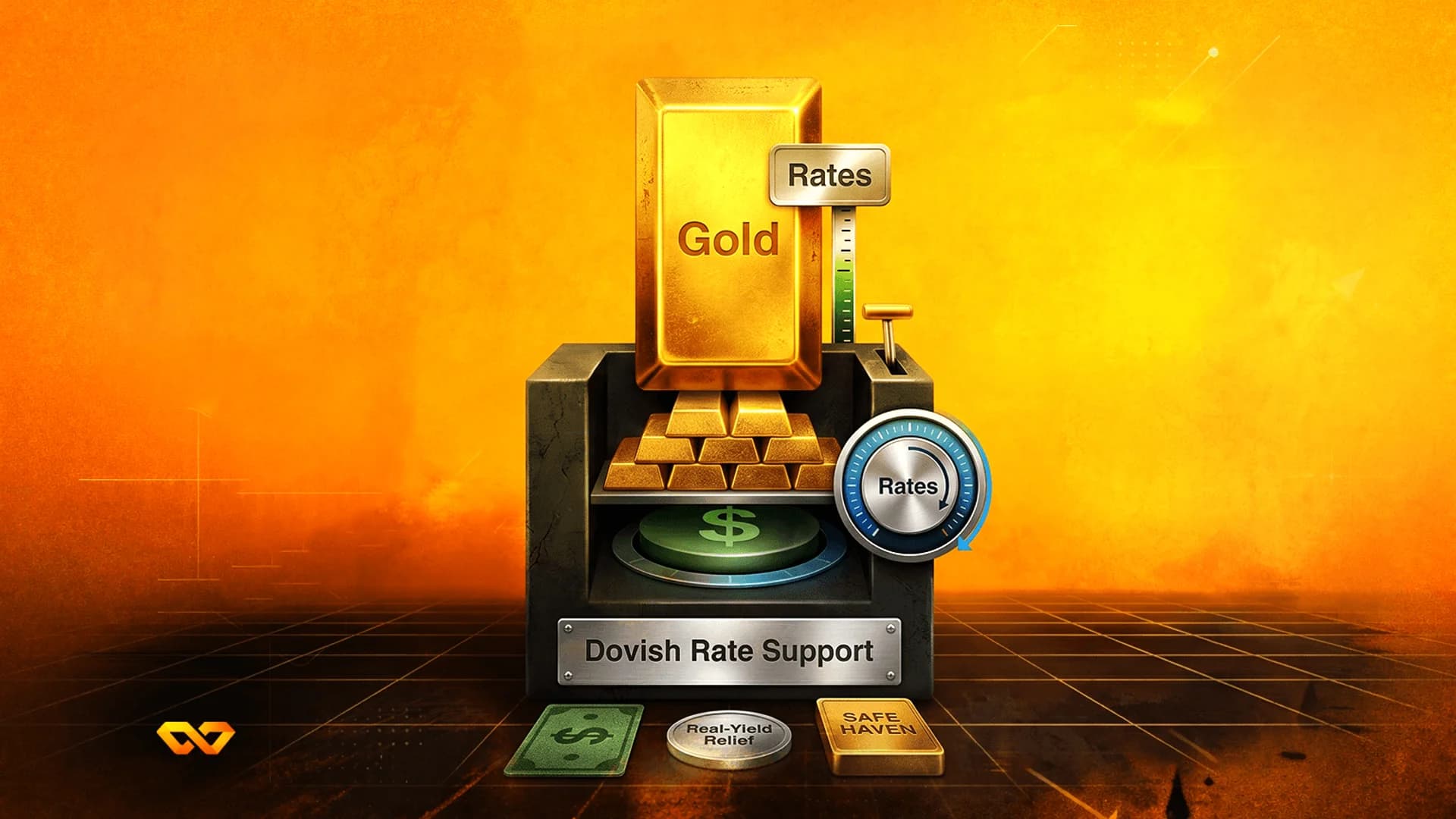 سبيكة ذهب على آلة بها قرص 'Rates' ولوحة 'Dovish Rate Support'، على خلفية برتقالية مزخرفة.