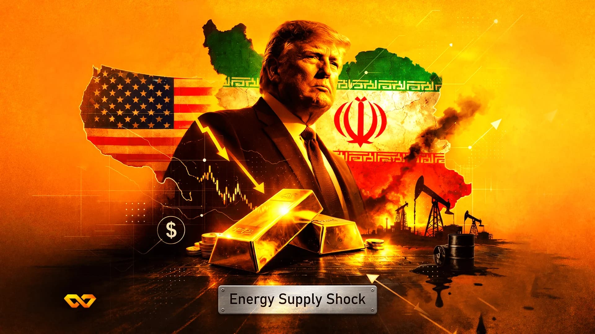 كولاج رقمي لدونالد ترامب، وأعلام أمريكا وإيران، وسبائك ذهب، ومضخات نفط، ورسم بياني للشموع اليابانية.