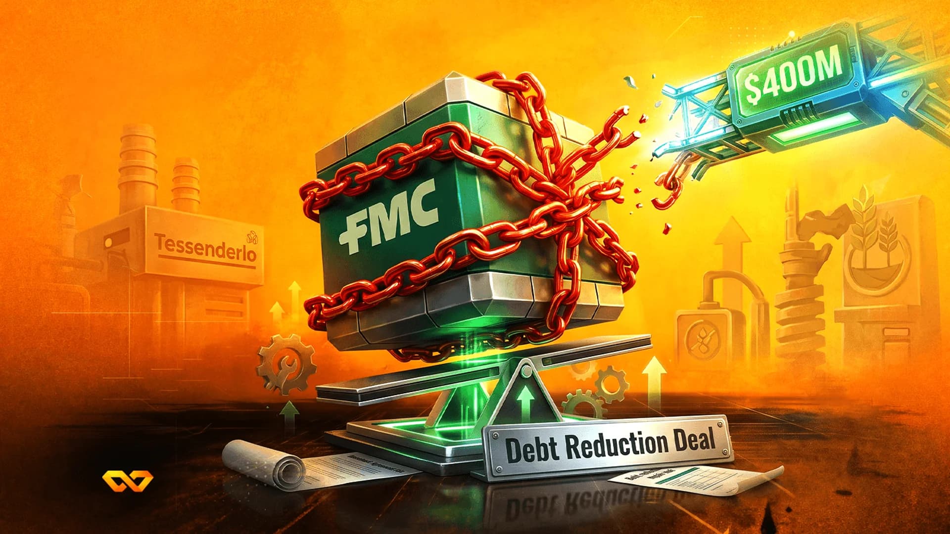 رسم توضيحي لمكعب FMC أخضر مقيد بسلاسل حمراء يتم كسرها بواسطة ذراع آلي يحمل علامة 400 مليون دولار فوق ميزان.