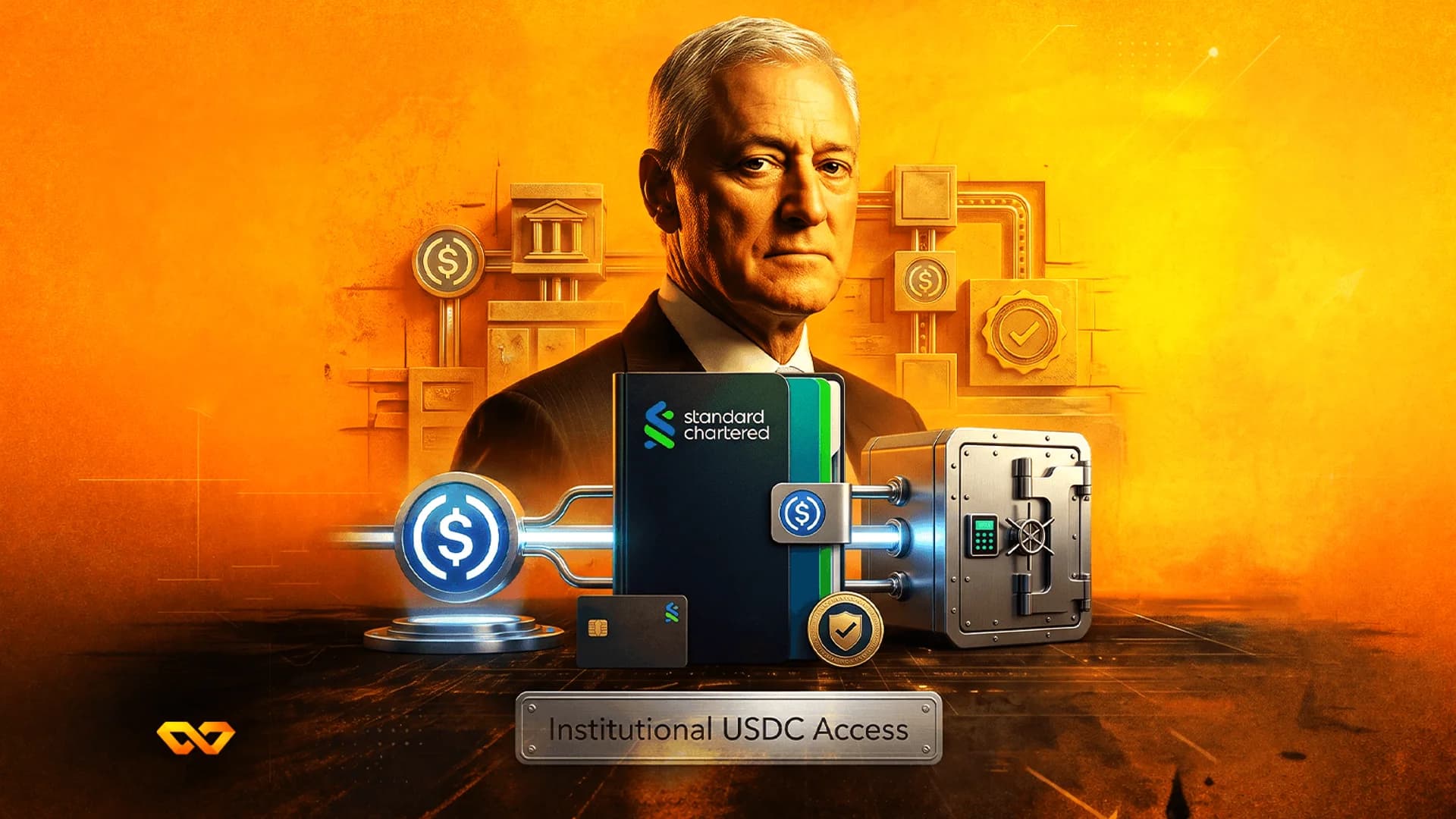رجل يرتدي بدلة يتوسط خزنة ومحفظة رقمية عليها شعار ستاندرد تشارترد وأيقونة عملة USDC متوهجة.