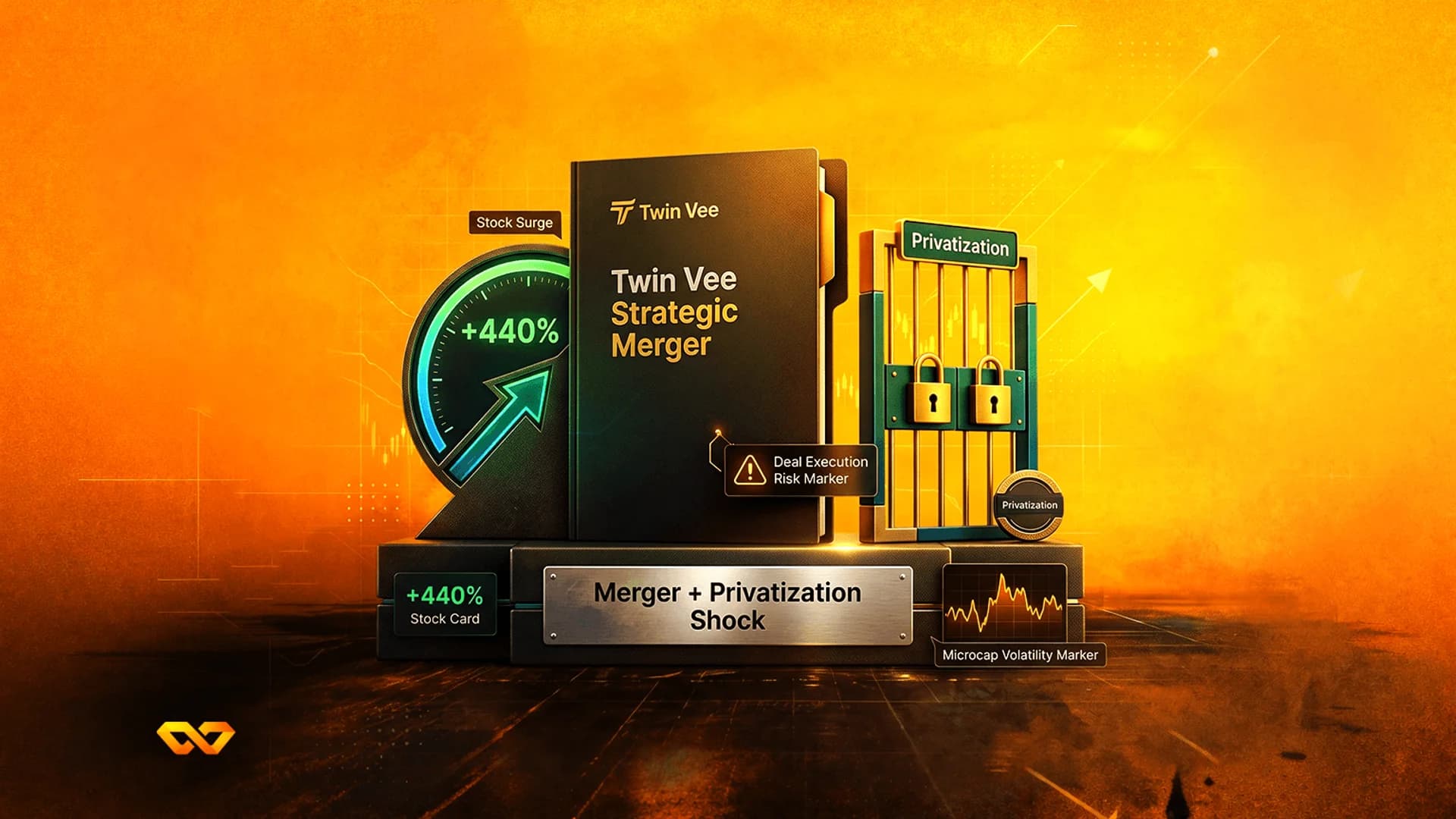 مجلد أسود يحمل ملصق Twin Vee Strategic Merger على منصة مع مقياس لارتفاع الأسهم وبوابة خضراء مقفلة.