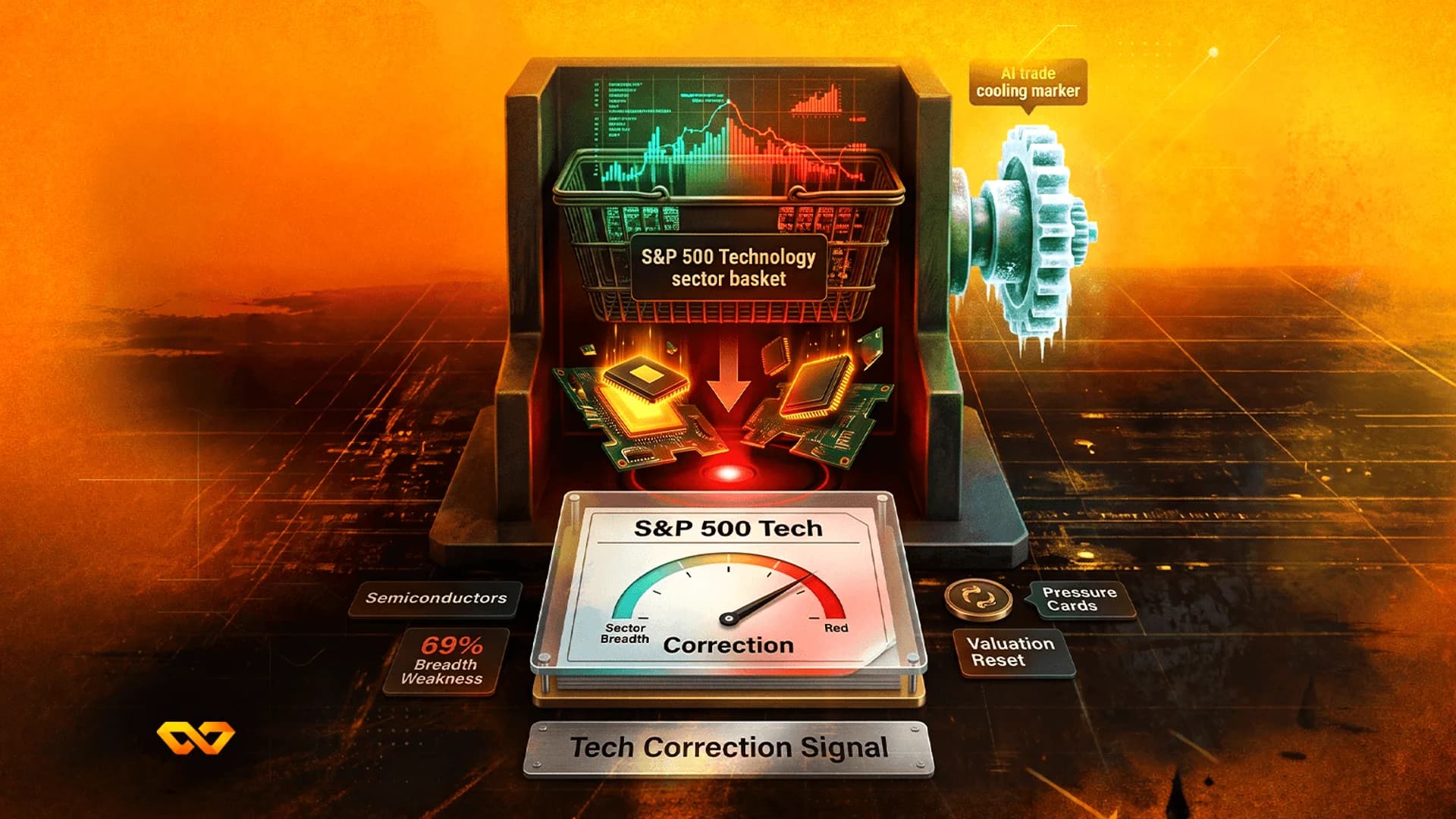 رسم توضيحي لآلة بها مقياس S&P 500 Tech يشير إلى التصحيح ورقائق كمبيوتر تتساقط من سلة.