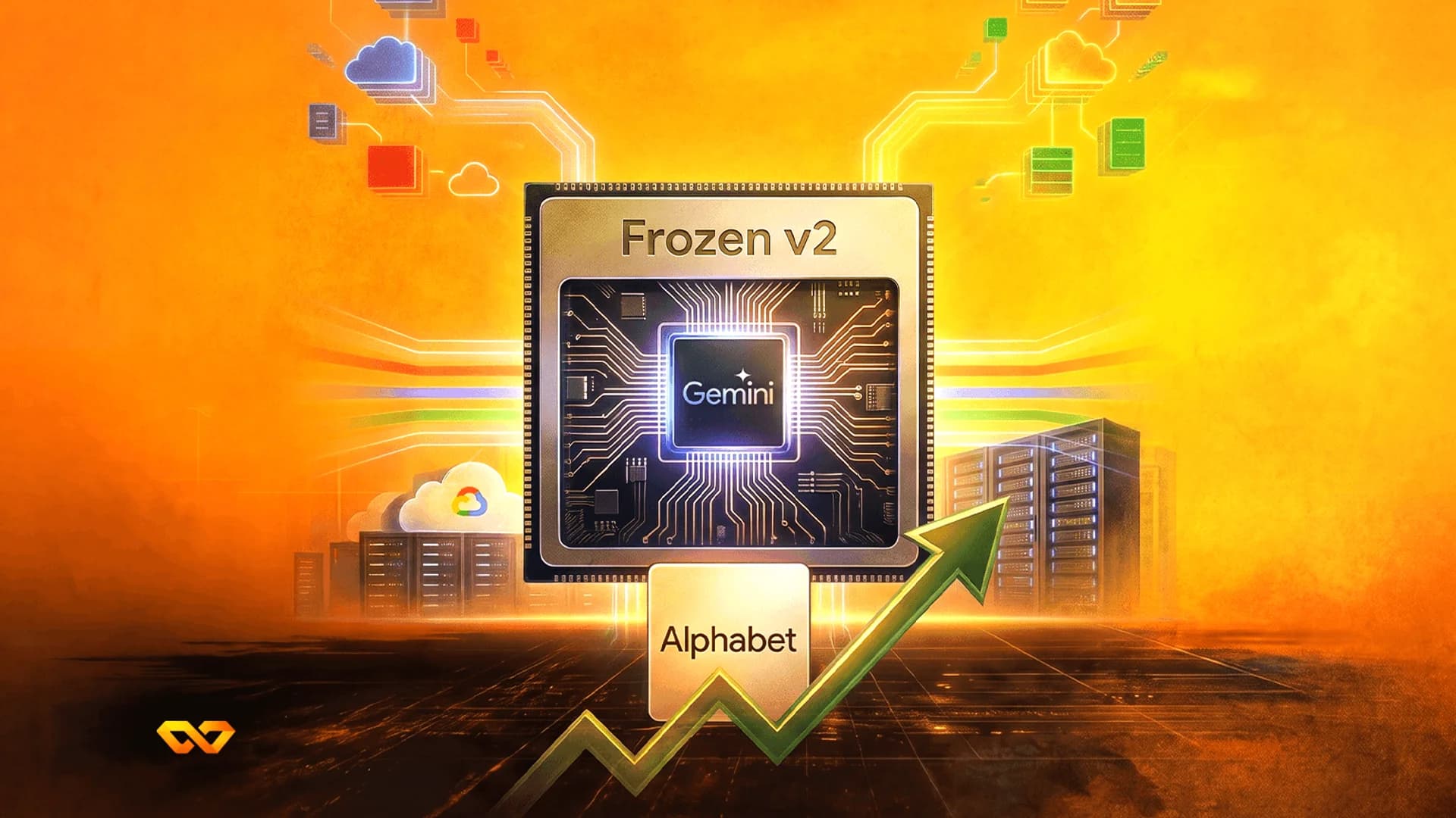 معالج Gemini يحمل علامة Frozen v2 وشعار Alphabet مع سهم أخضر صاعد على خلفية برتقالية.