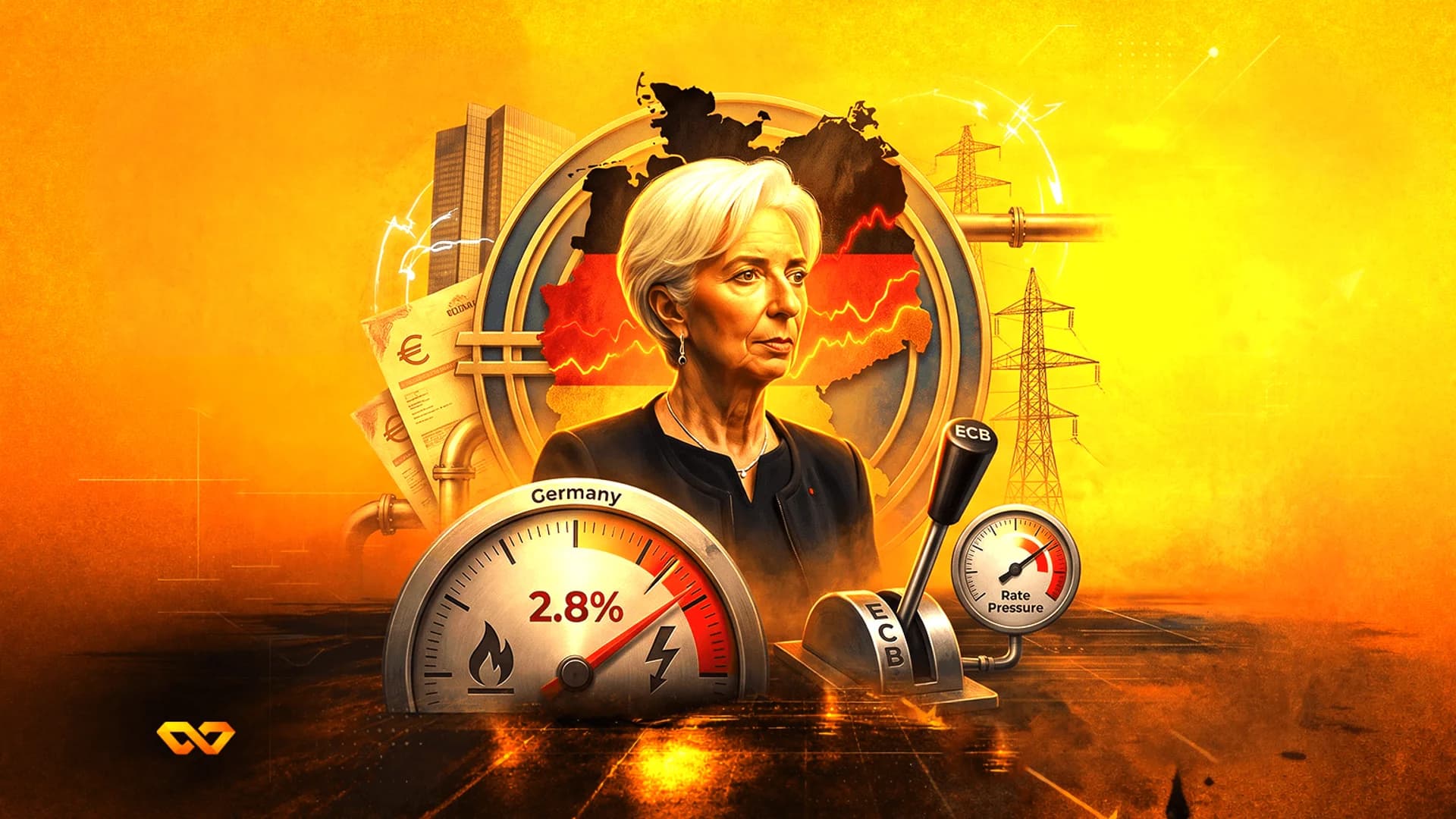صورة لكريستين لاغارد مع خريطة ألمانيا وعدادات تظهر 2.8% ورافعات البنك المركزي الأوروبي في رسم برتقالي.
