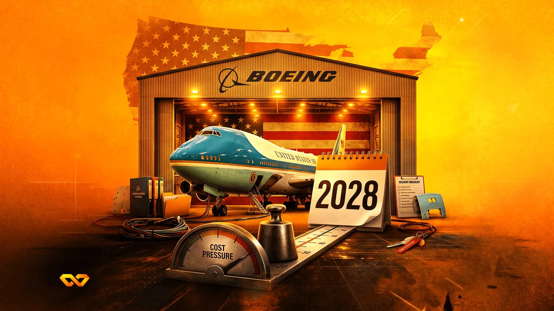 رسم توضيحي لحظيرة طائرات بوينغ مع طائرة الرئاسة الأمريكية، وتقويم لعام 2028، ومقياس لضغط التكلفة.