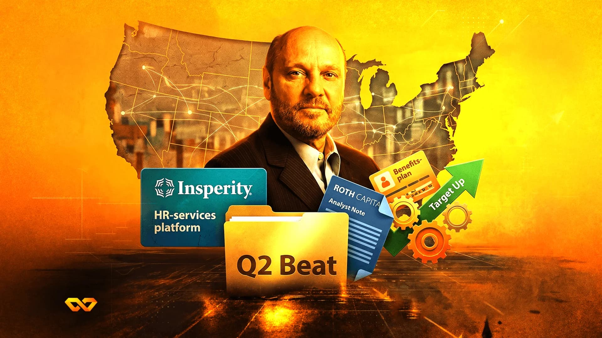 صورة لرجل فوق خريطة الولايات المتحدة مع شعار إنسبريتي، ومجلد 'Q2 Beat'، وسهم أخضر صاعد على خلفية برتقالية.