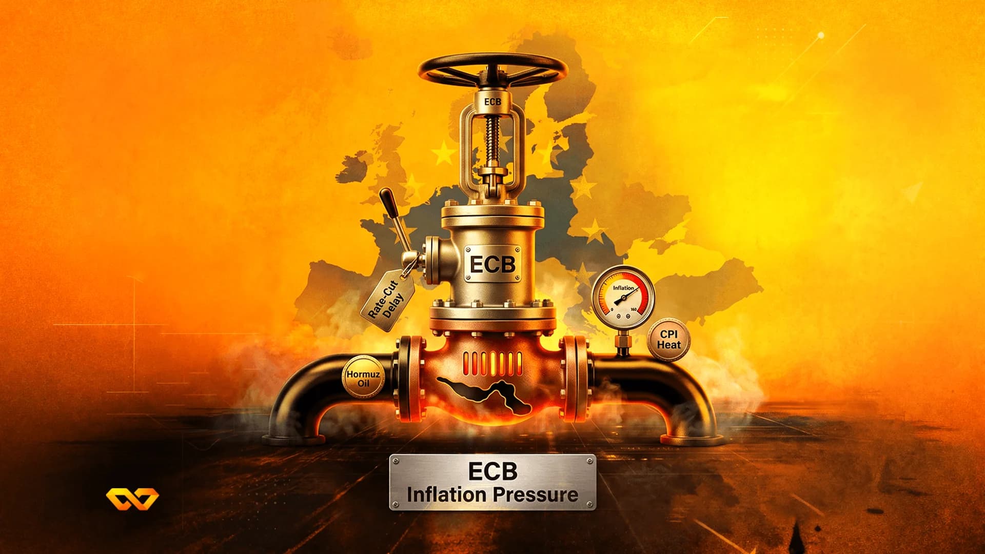 صمام صناعي معدني يحمل ملصق ECB مع مقاييس للتضخم والنفط أمام خريطة لأوروبا.