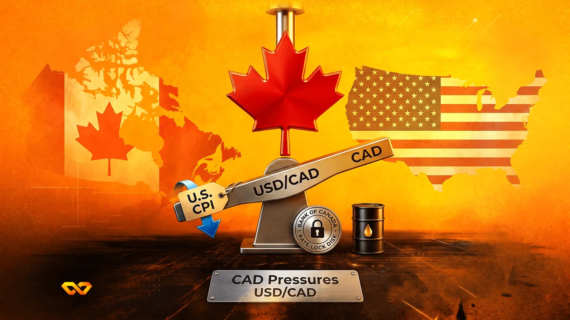 رسم توضيحي لسعر صرف USD/CAD مع أعلام أمريكا وكندا وبرميل نفط وميزان.