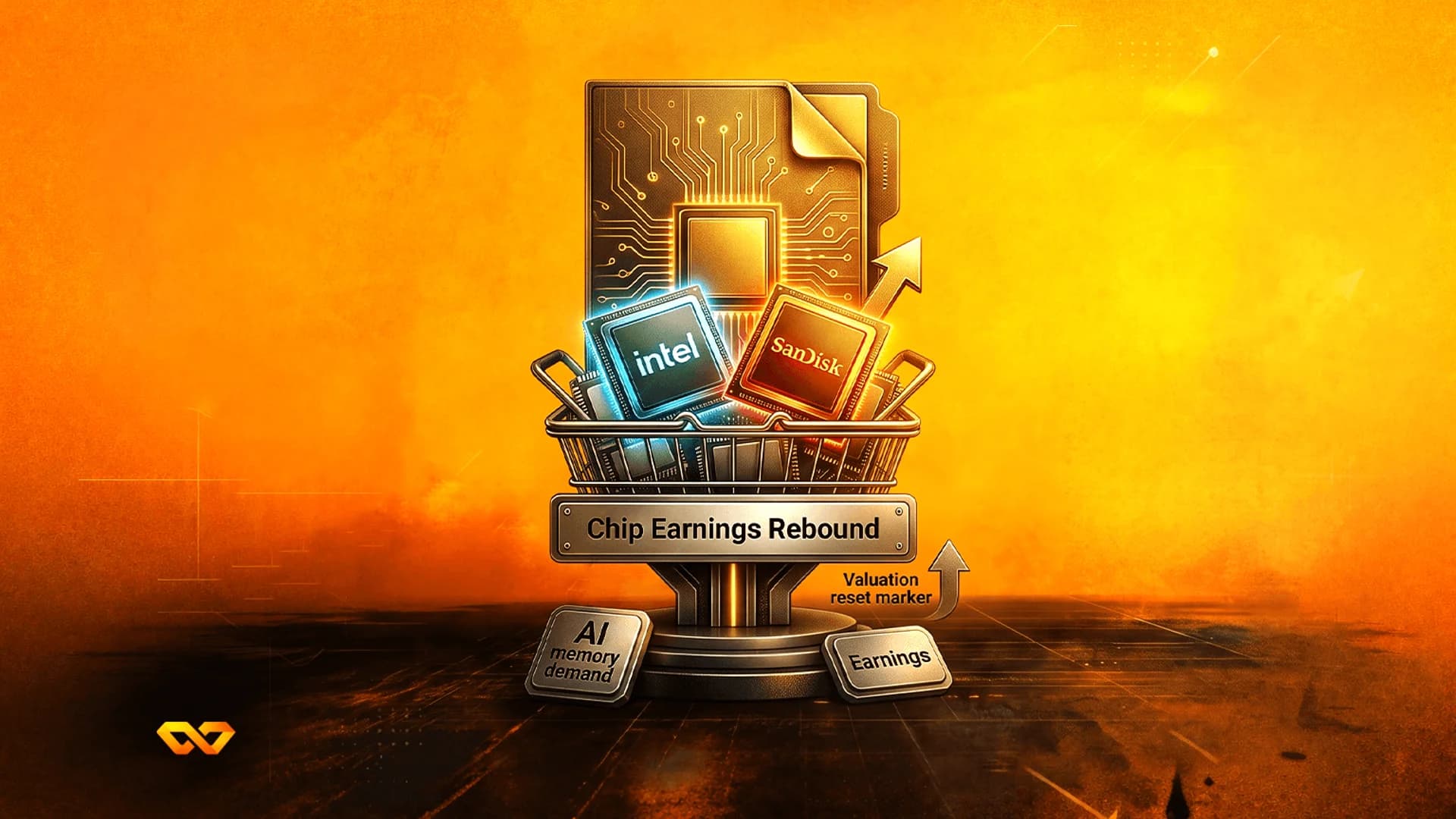 رقائق إنتل وسانديسك في سلة تسوق مع نص 'Chip Earnings Rebound' على خلفية برتقالية.