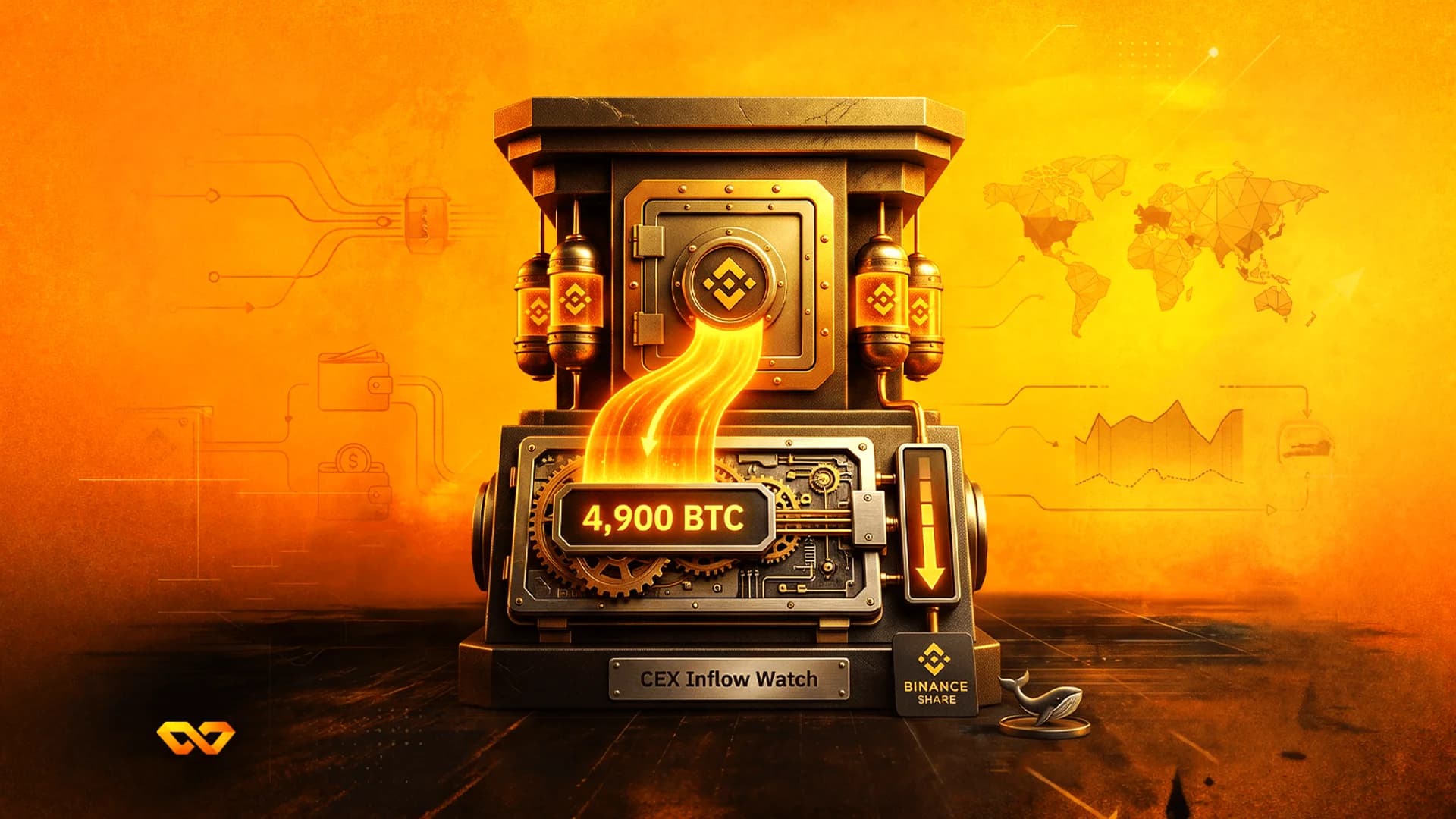 آلة ستيم بانك مع شعارات بينانس وشاشة تعرض 4,900 BTC مقابل خلفية برتقالية مزخرفة.
