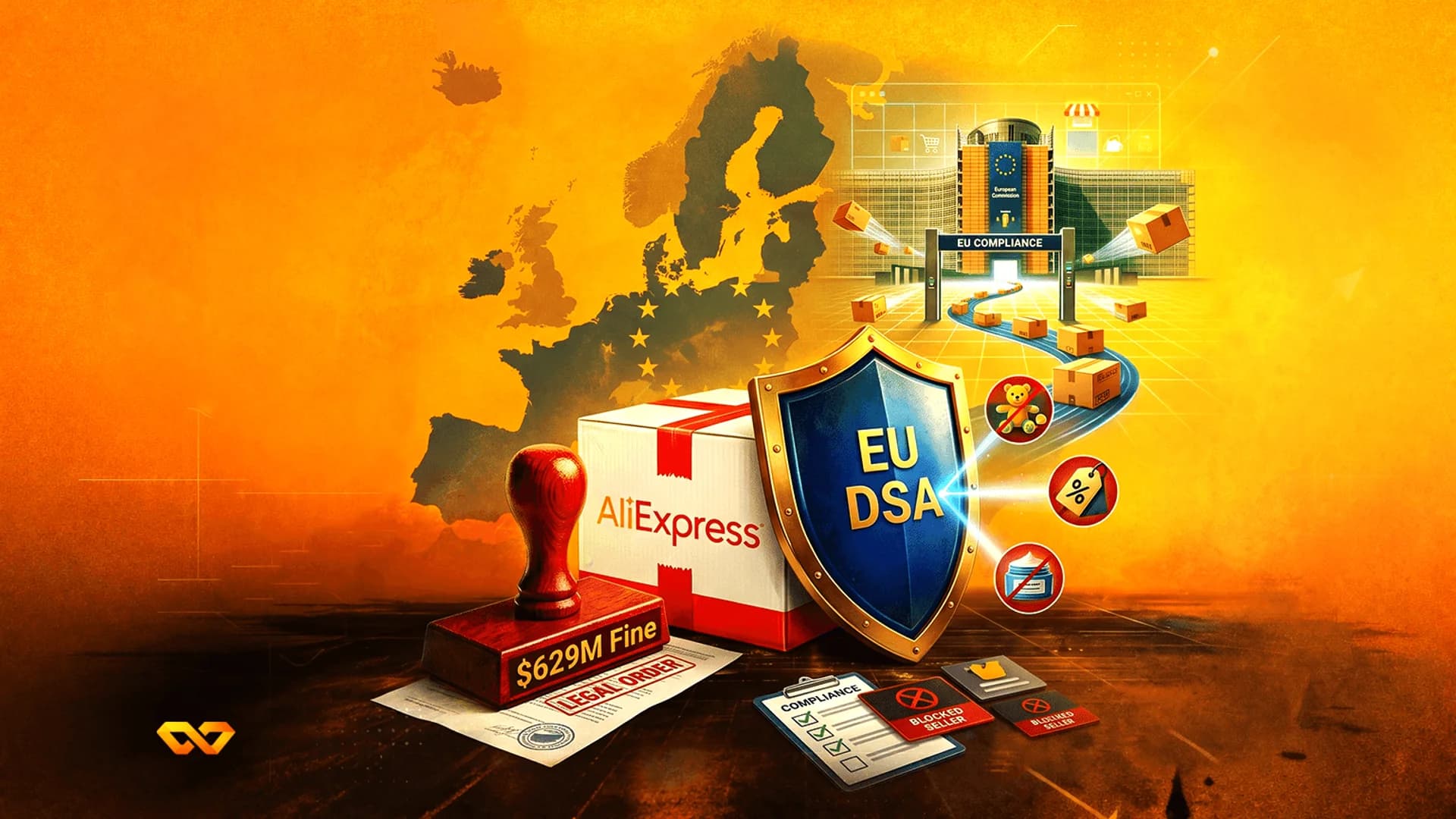 رسم توضيحي لصندوق علي إكسبريس بجانب درع EU DSA، وختم غرامة بقيمة 629 مليون دولار، وخريطة لأوروبا.