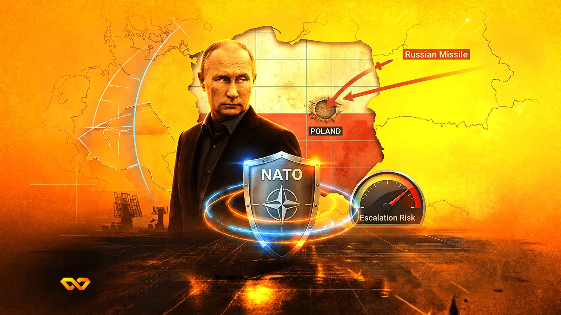 رسم توضيحي لفلاديمير بوتين بجانب خريطة لبولندا مع مسارات صواريخ ودرع الناتو ومقياس للمخاطر.
