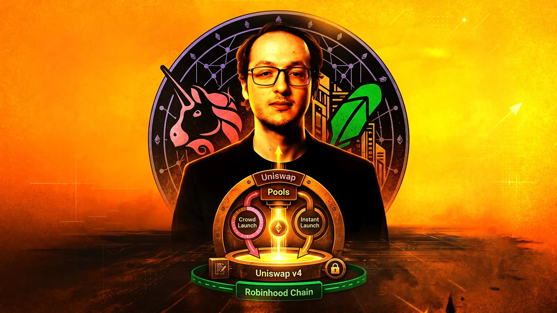 رسم توضيحي رقمي لرجل يرتدي نظارات أمام شعاري Uniswap وRobinhood على خلفية برتقالية.