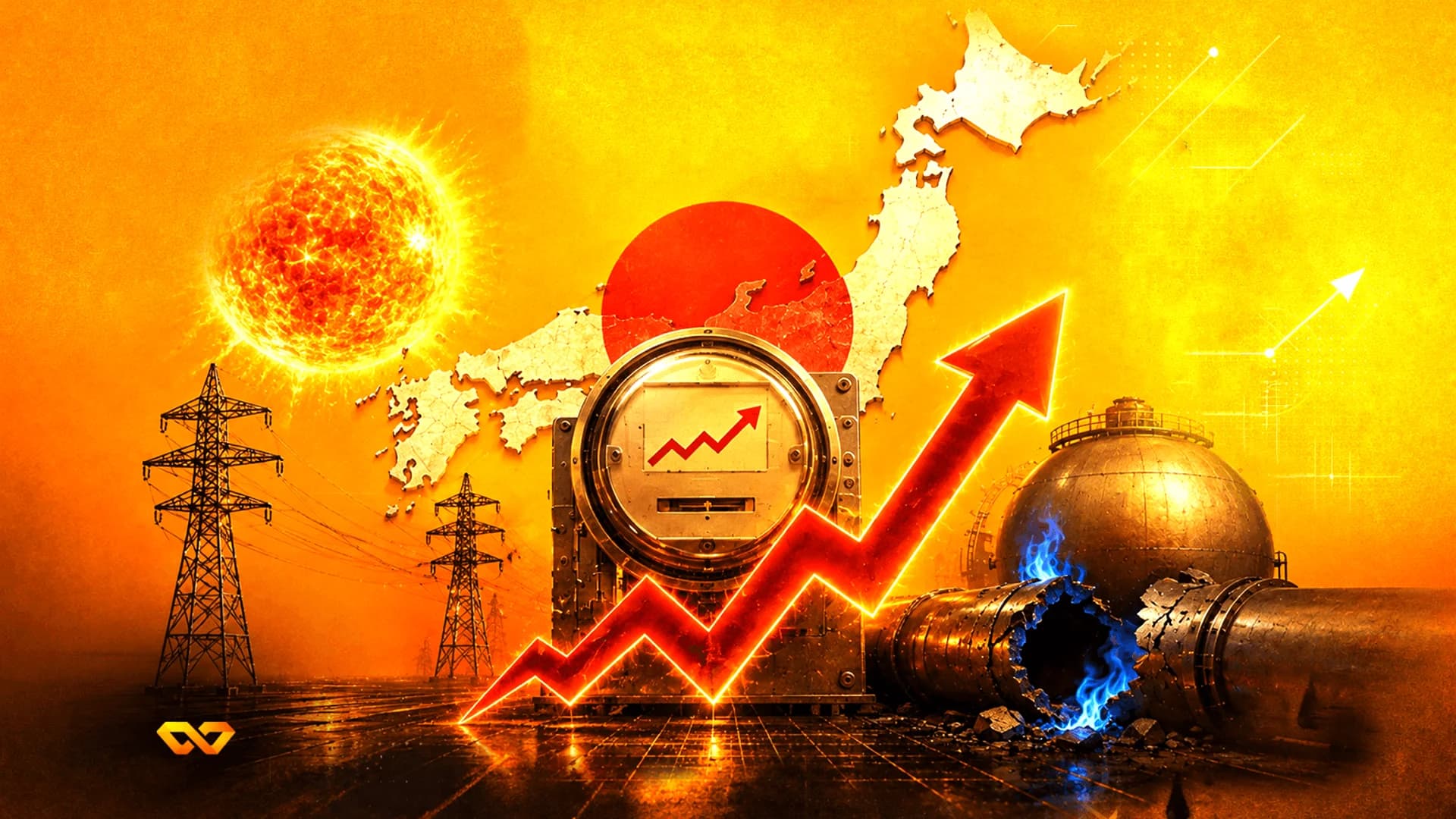 فن رقمي لخريطة اليابان، سهم أحمر صاعد، أبراج كهرباء، وأنبوب غاز مكسور بلهب أزرق.
