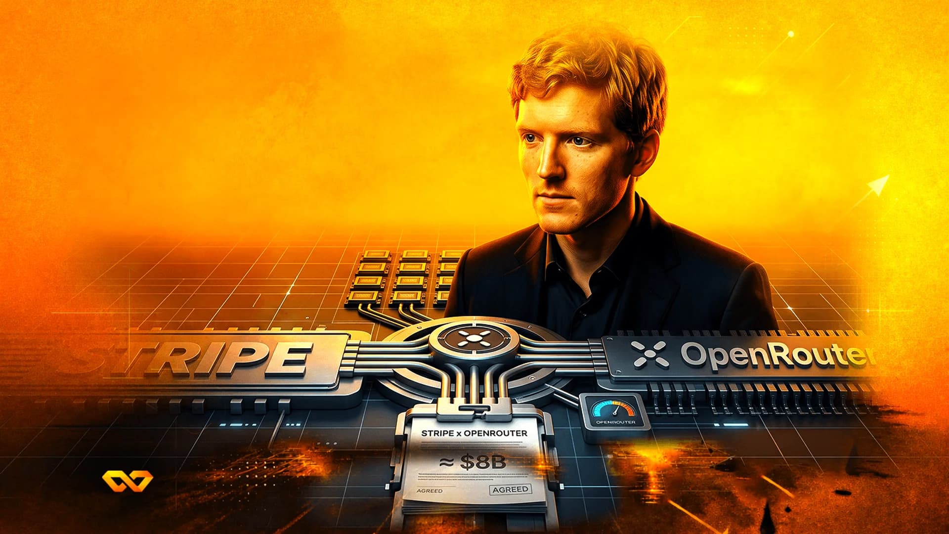 رجل يرتدي بدلة خلف واجهة ميكانيكية تربط شعاري Stripe و OpenRouter على خلفية برتقالية.