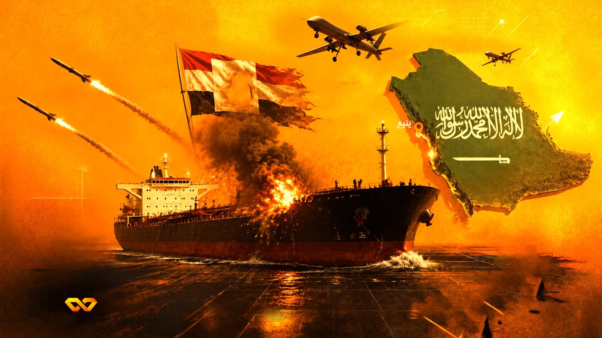ناقلة نفط مشتعلة في البحر مع صواريخ وطائرات مسيرة وأعلام اليمن والسعودية على خلفية برتقالية.