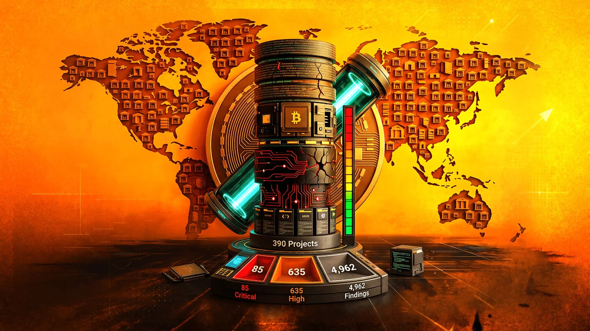عمود مستقبلي يحمل شعار بيتكوين وإحصائيات تدقيق أمني أمام خريطة عالم برتقالية مكونة من أيقونات بنوك.