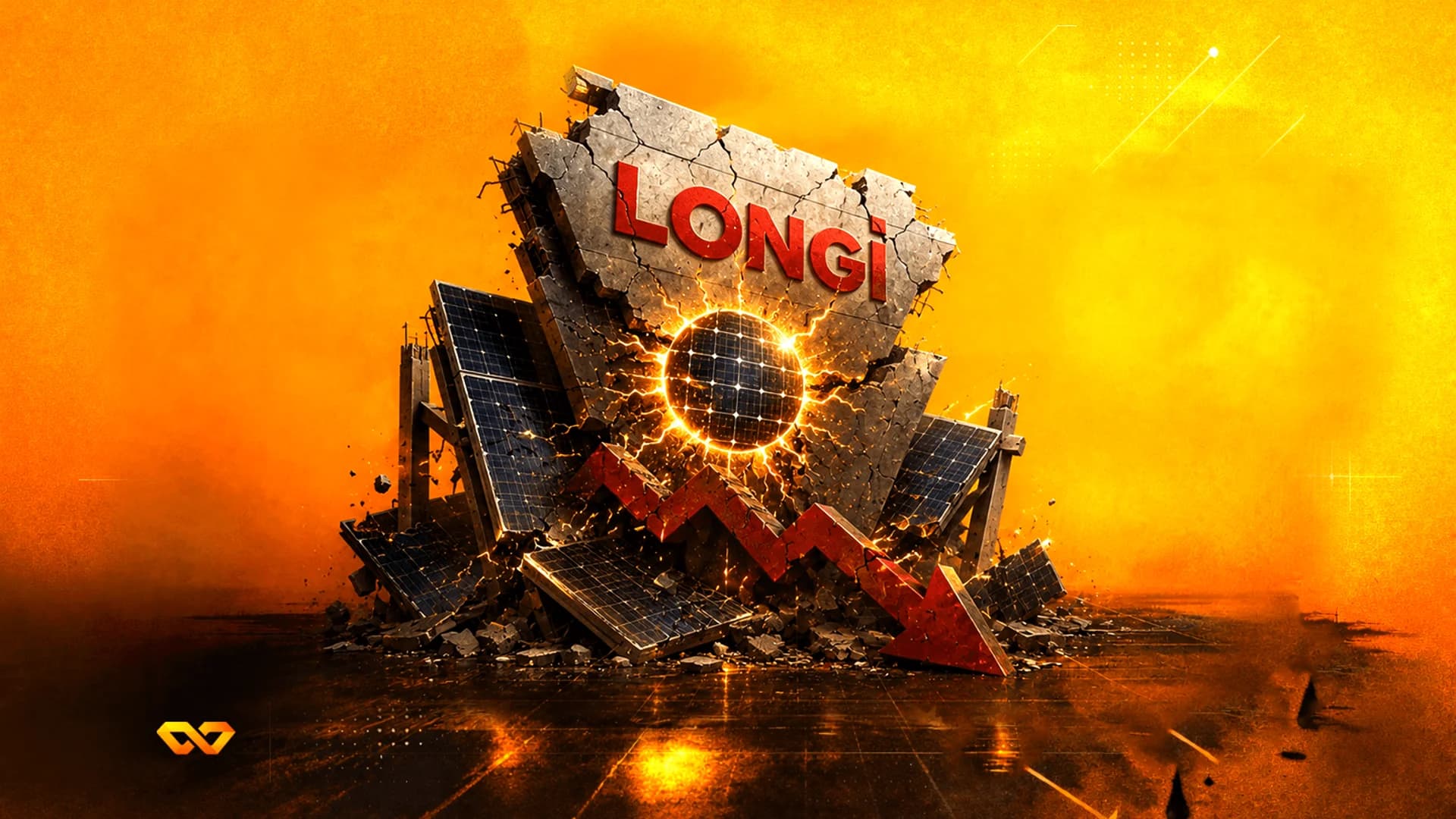 جدار حجري محطم عليه كلمة LONGI وألواح شمسية وسهم أحمر هابط على خلفية برتقالية زاهية.