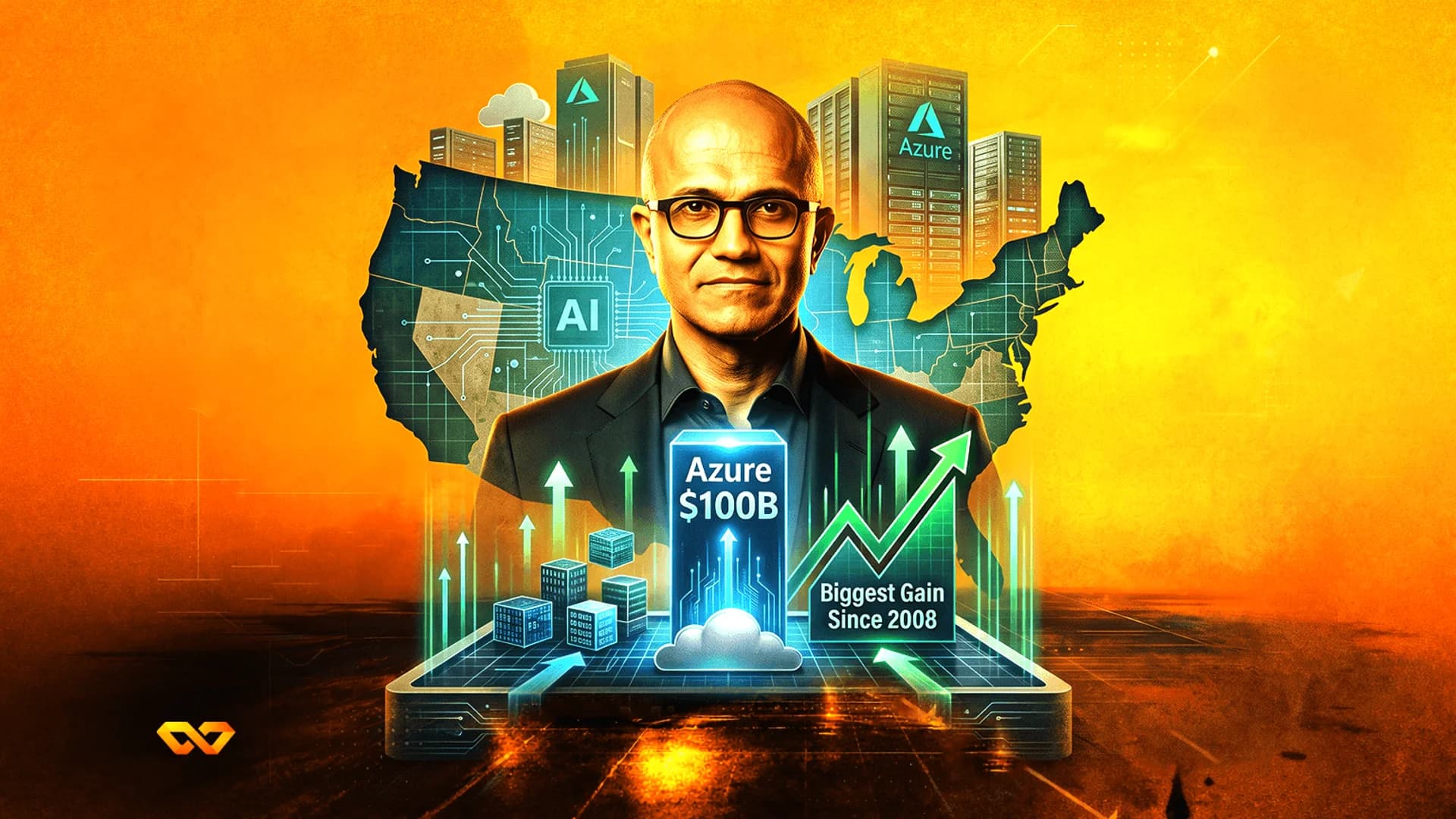 رسم توضيحي لساتيا ناديلا مع خريطة الولايات المتحدة، وخوادم، ورسوم بيانية صاعدة، ونص Azure بقيمة 100 مليار دولار.