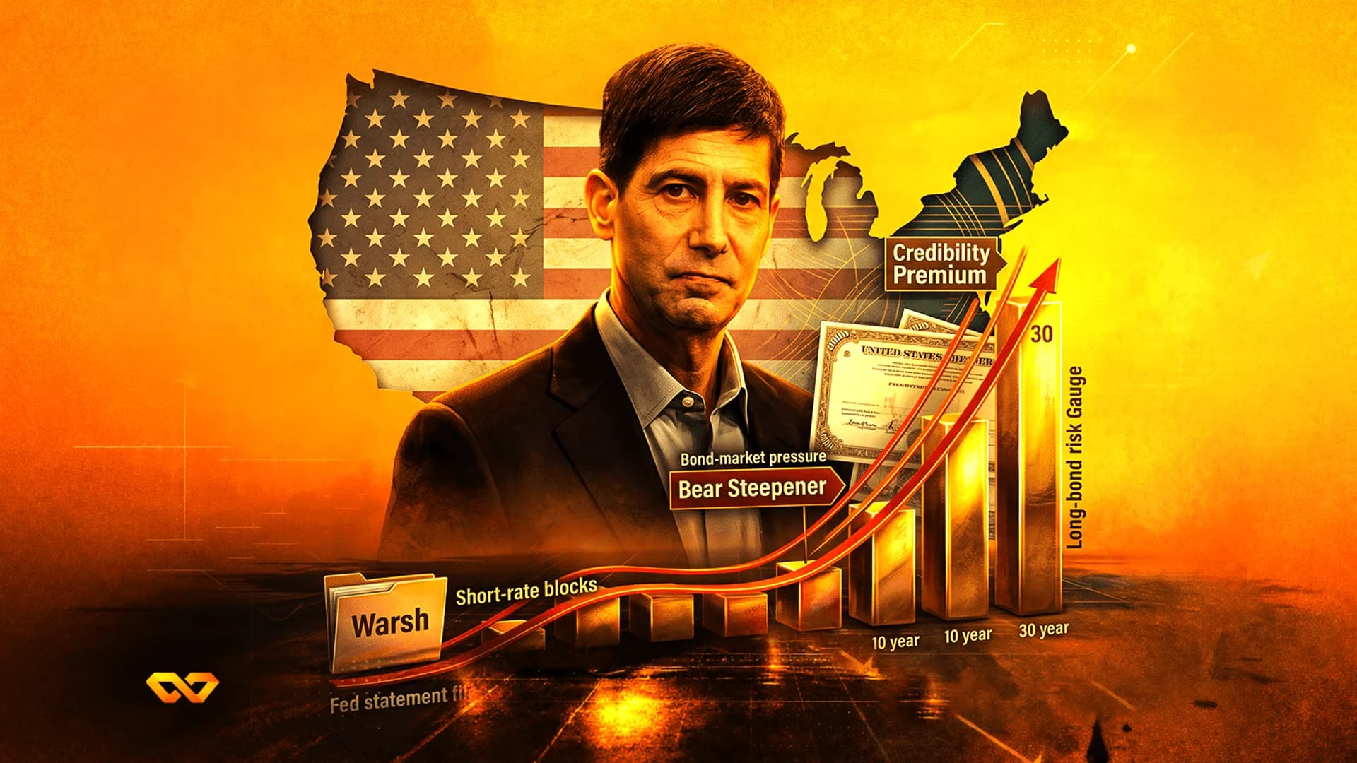 صورة لكيفن وارش فوق علم وخريطة الولايات المتحدة، مع رسوم بيانية لعوائد السندات المرتفعة وتسميات مالية بنغمات برتقالية.