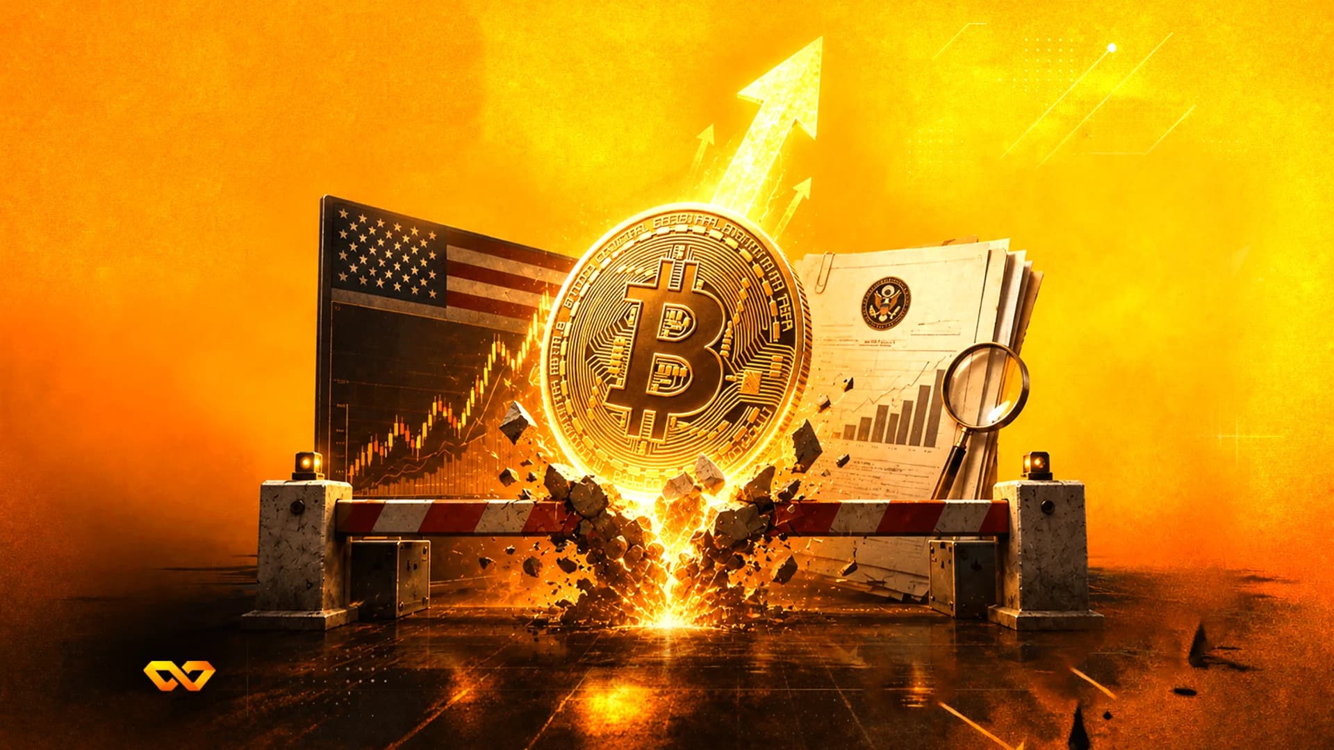 عملة بيتكوين ذهبية تخترق حاجزاً أحمر وأبيض مع وجود علم الولايات المتحدة ورسوم بيانية في الخلفية.