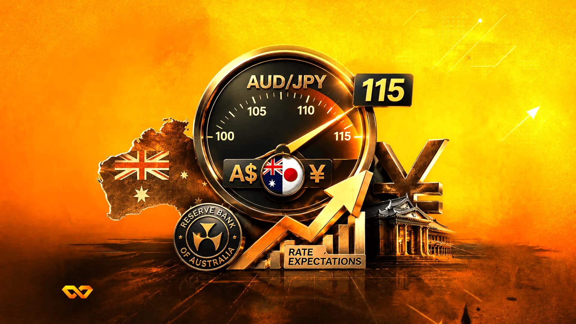 مقياس AUD/JPY عند 115 مع خريطة أستراليا ورمز الين وشعار بنك الاحتياطي الأسترالي على خلفية برتقالية.