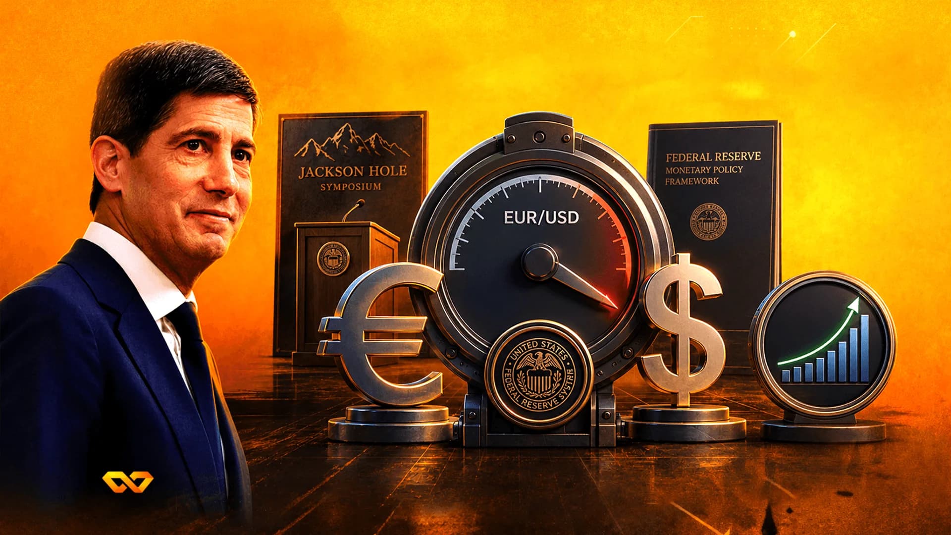 كولاج رقمي لرجل ببدلة، ومقياس EUR/USD، ورموز العملات، ولوحات ندوة جاكسون هول.