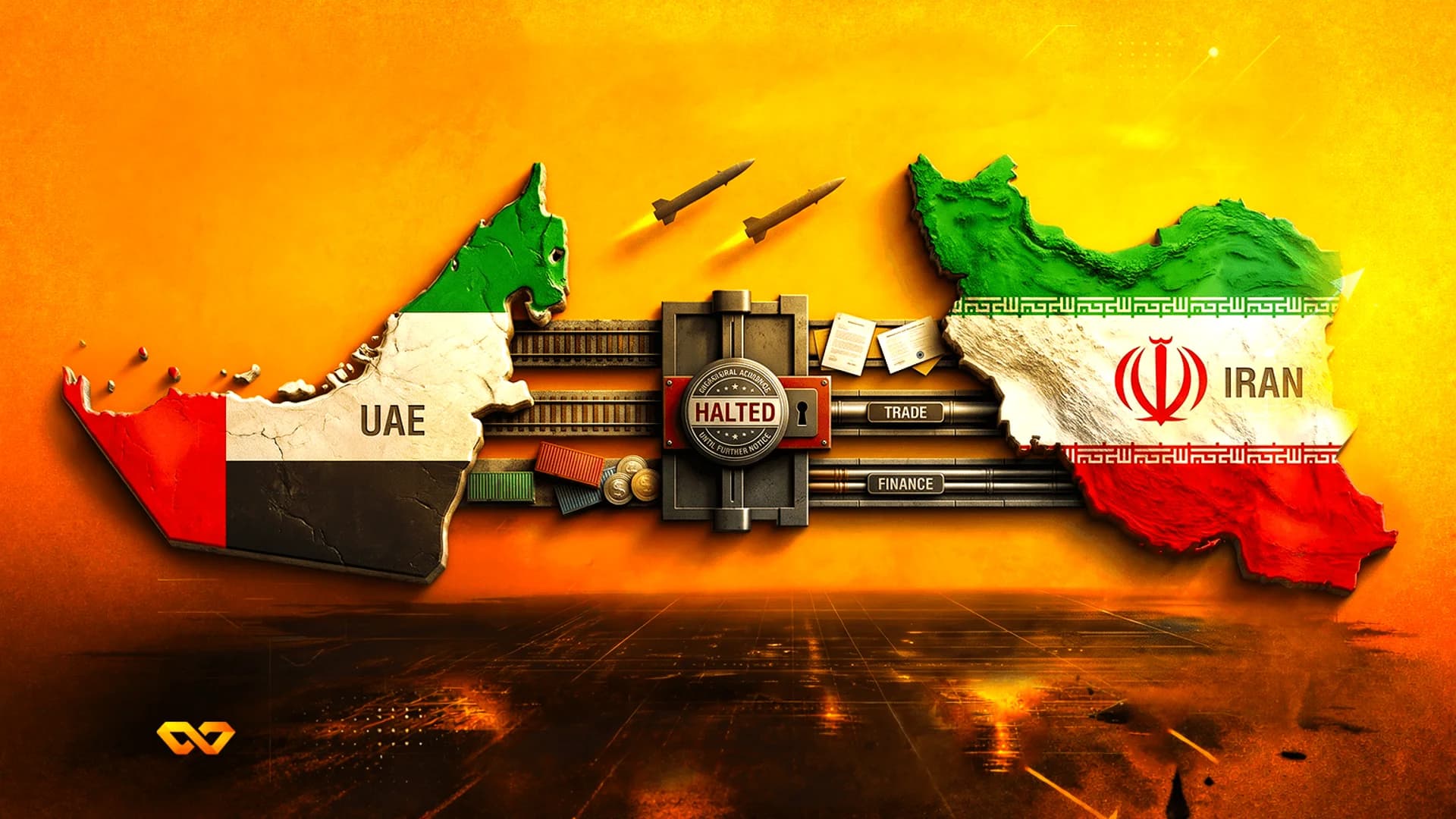 خرائط للإمارات وإيران بأعلامهما، متصلة بأنابيب للتجارة والتمويل يعترضها شعار متوقف وصواريخ في الخلفية.
