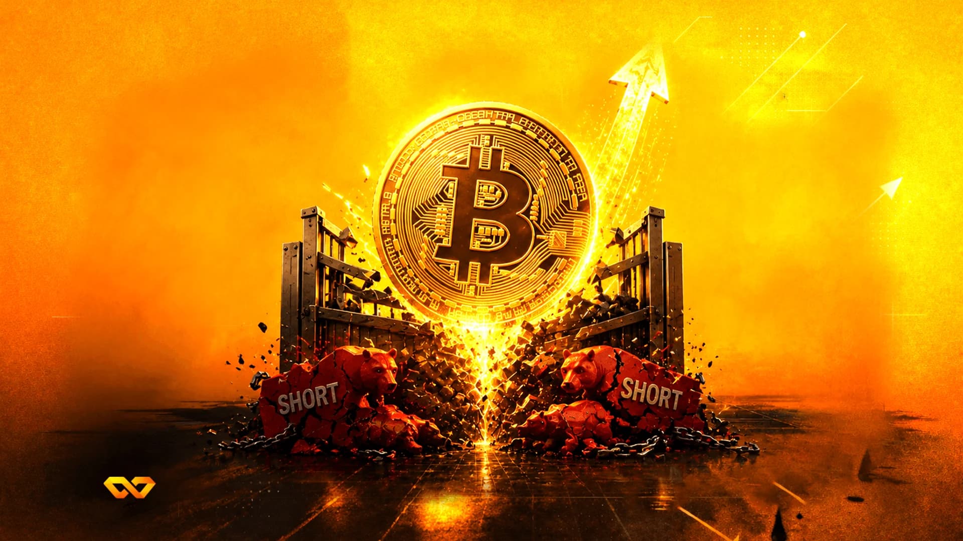 عملة بيتكوين ذهبية تخترق بوابة معدنية، مع دببة حمراء مكتوب عليها 'SHORT' تتحطم في الأسفل.