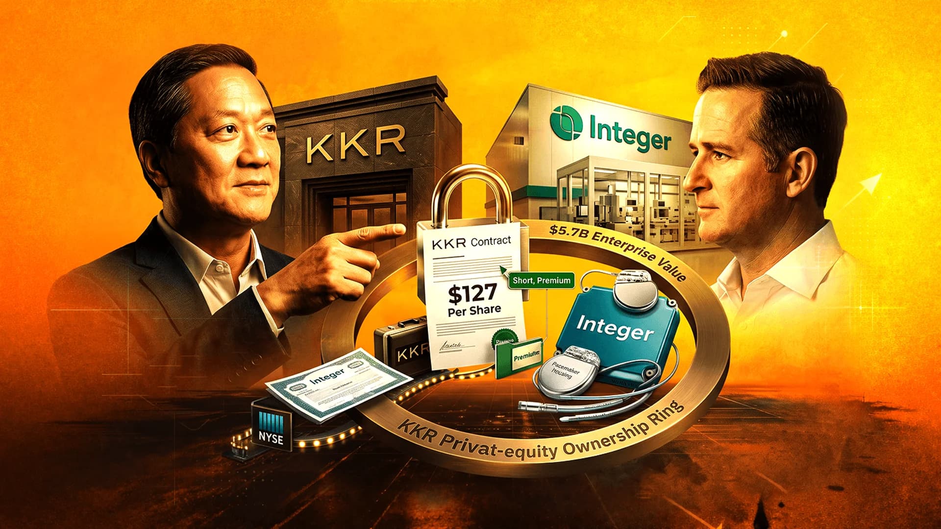 كولاج رقمي يضم رجلين، ومباني شركتي KKR وInteger، وعقداً بسعر 127 دولاراً للسهم، وجهازاً طبياً.