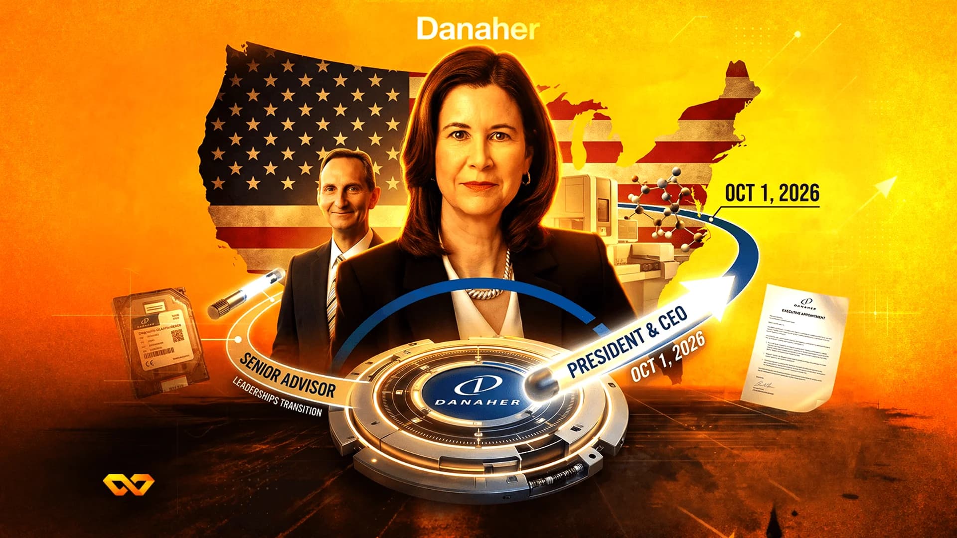 رسم رقمي لمديري شركة Danaher أمام خريطة بعلم الولايات المتحدة، يعلن عن انتقال القيادة في 1 أكتوبر 2026.
