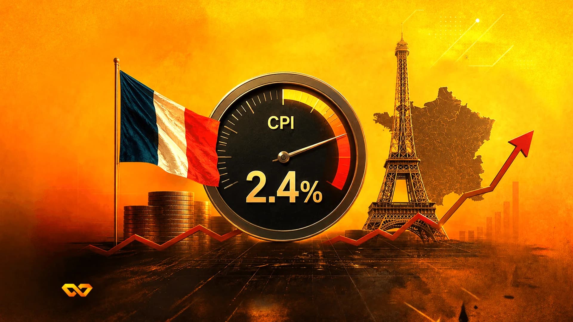 علم فرنسا وبرج إيفل بجانب مقياس يظهر مؤشر أسعار المستهلك بنسبة 2.4% مع سهم أحمر صاعد.