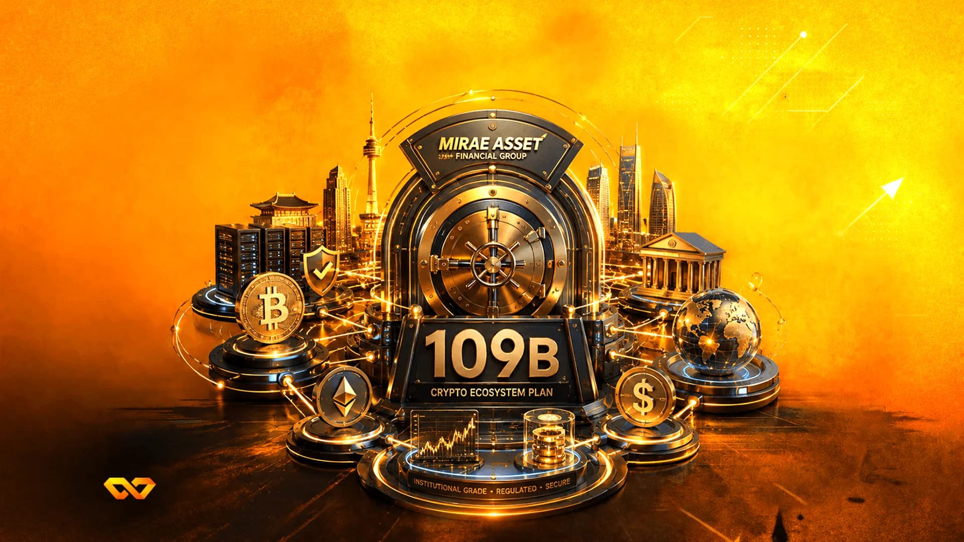 خزنة ذهبية تحمل شعار ميراي أسيت، ونص 109B، وعملات بيتكوين وإيثيريوم، مع أفق مدينة على خلفية برتقالية.