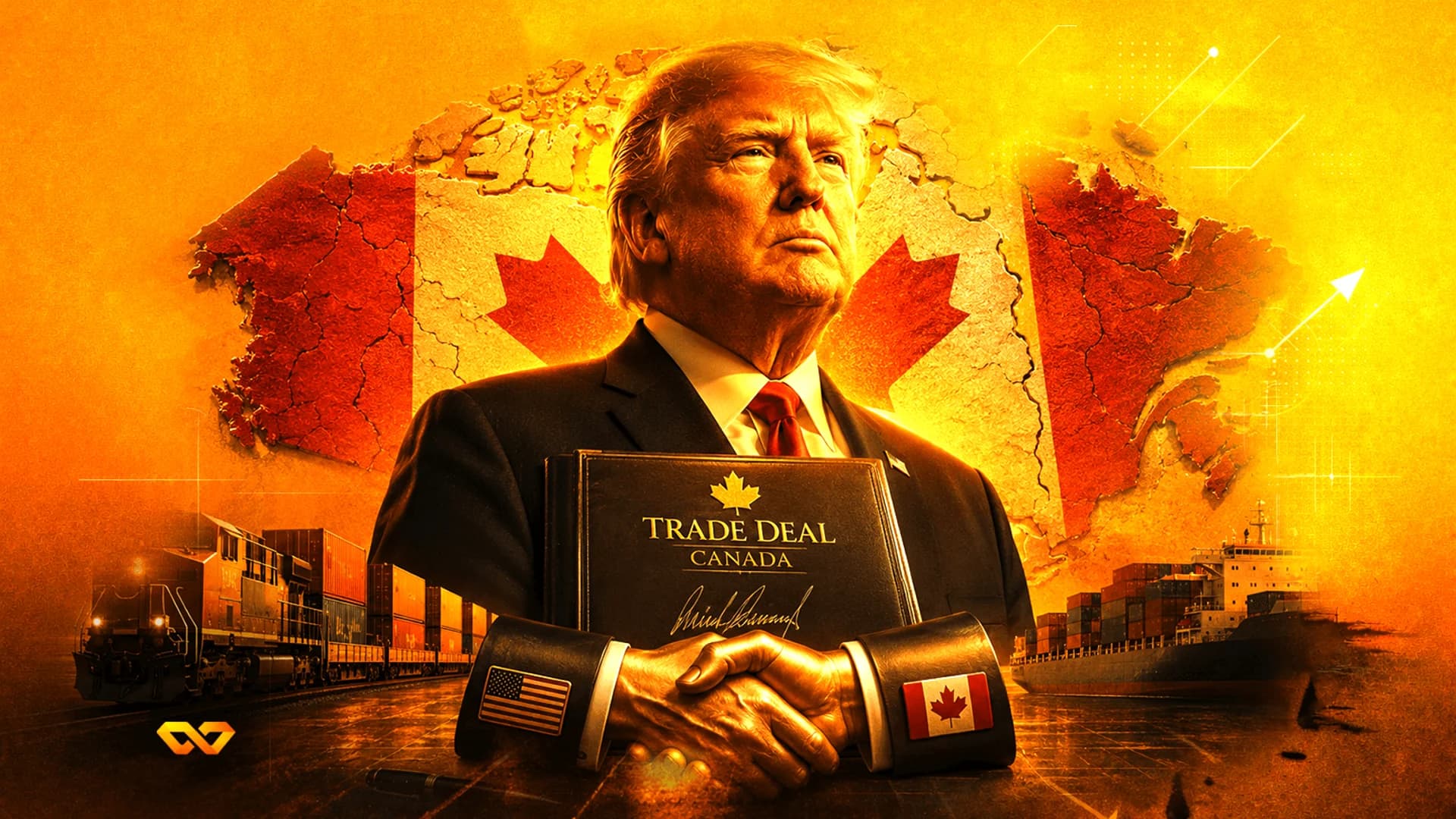 رسم توضيحي لدونالد ترامب خلف ملف 'Trade Deal Canada' ومصافحة تظهر عليها أعلام الولايات المتحدة وكندا.