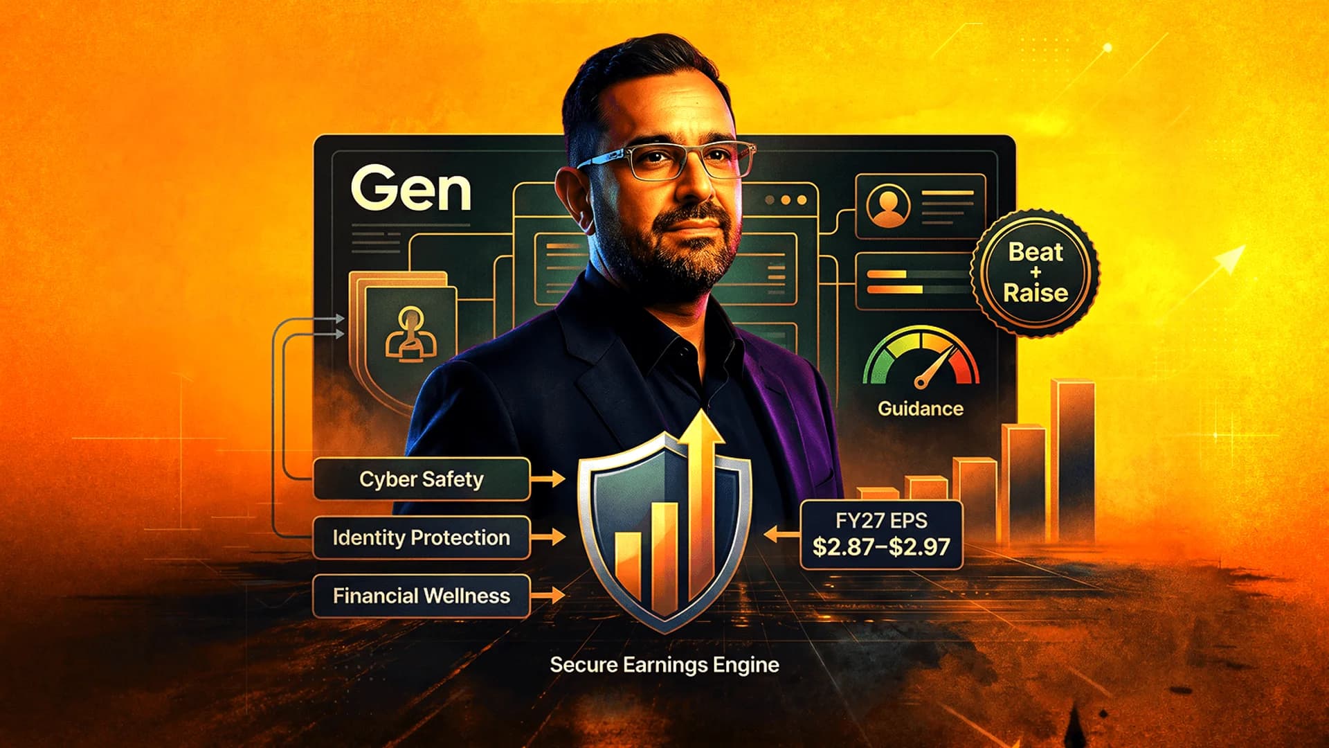 رجل يرتدي نظارات أمام واجهة رقمية مع شعار Gen ورسوم بيانية مالية وأيقونة درع على خلفية برتقالية.