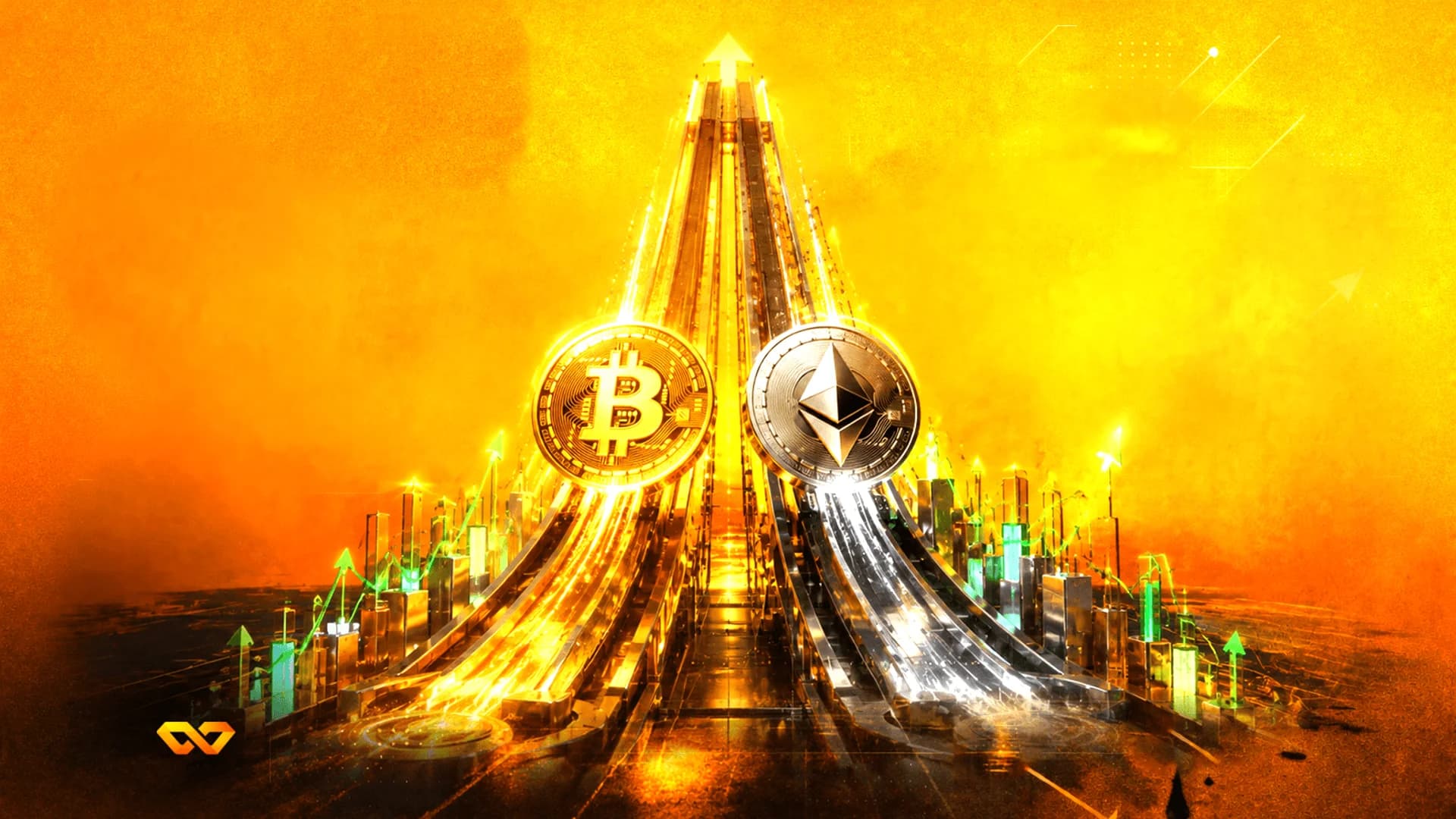 عملتا بيتكوين وإيثيريوم على مسارات متوهجة صاعدة بخلفية برتقالية زاهية مع رسوم بيانية خضراء.
