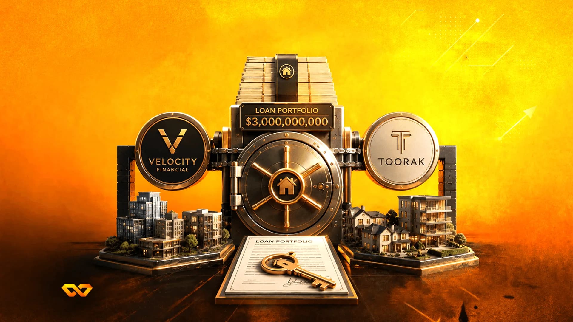 رسم رقمي لخزنة بين شعاري Velocity Financial وToorak، مع لافتة لمحفظة قروض بقيمة 3 مليارات دولار.