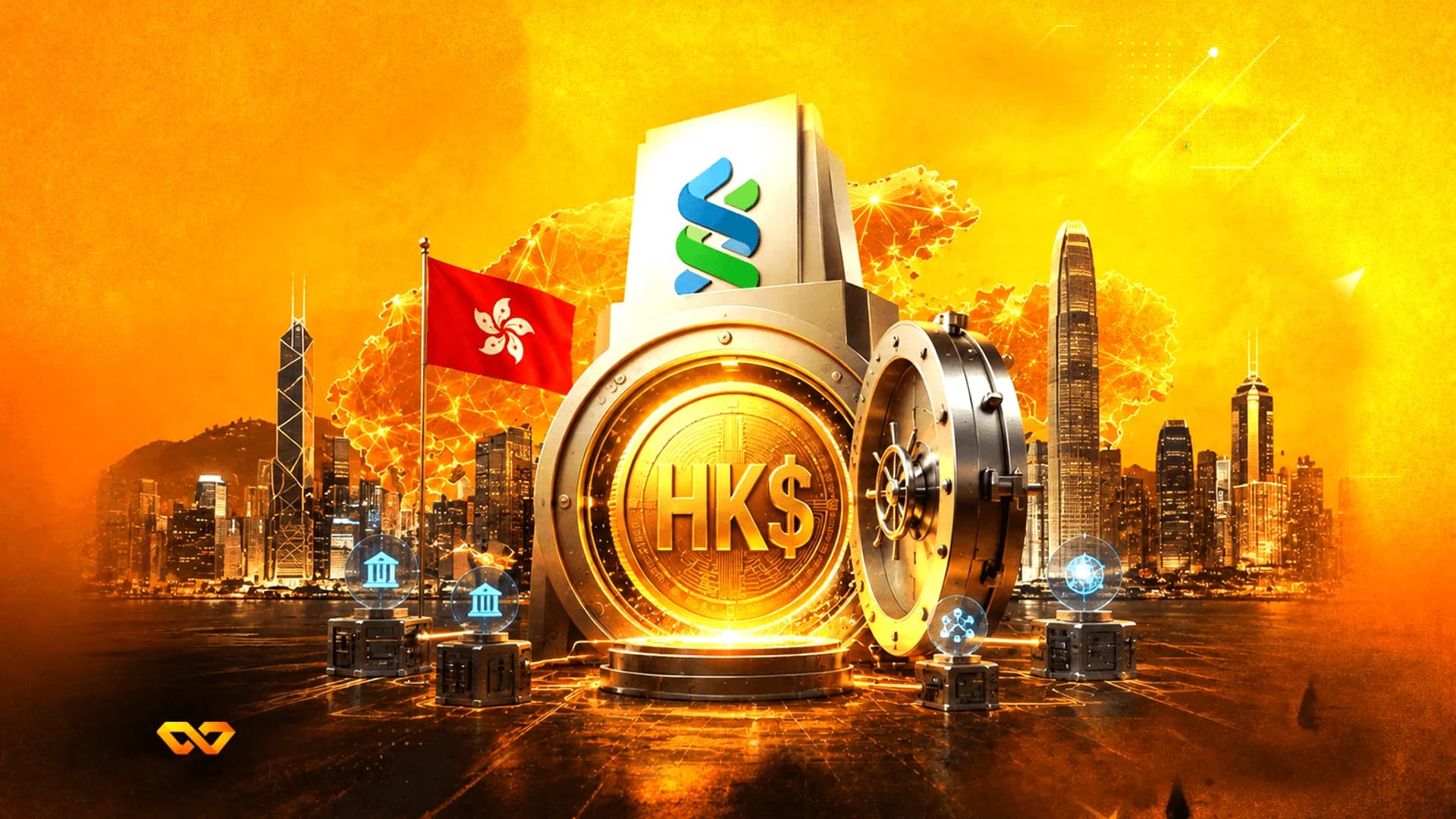 رسم رقمي لخزنة تفتح على عملة ذهبية HK$، مع شعار ستاندرد تشارترد وعلم هونغ كونغ.