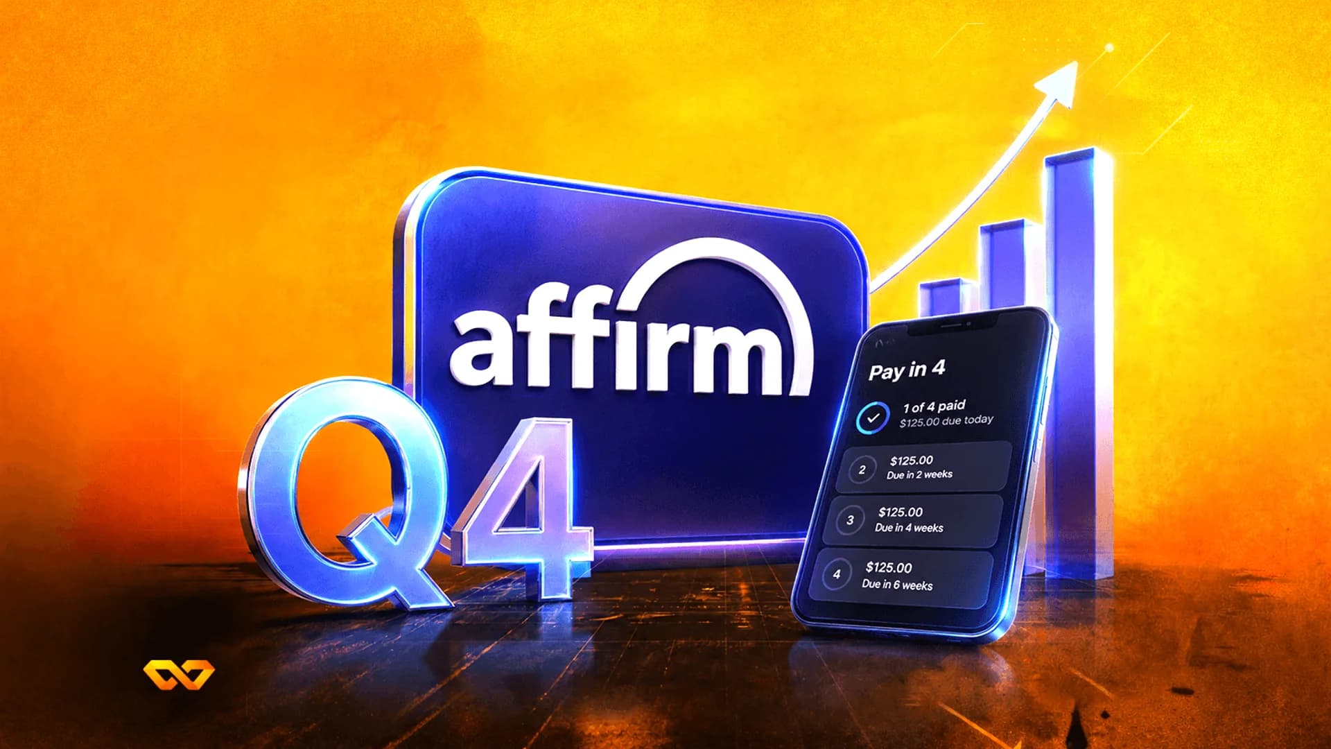 شعار Affirm ونص Q4 بجوار هاتف ذكي يعرض جدول دفع ومخطط بياني شريطي صاعد على خلفية برتقالية.