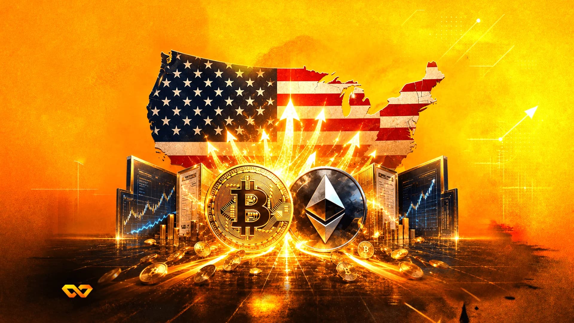عملات بيتكوين وإيثيريوم أمام خريطة للولايات المتحدة بنمط العلم، مع أسهم متوهجة ورسوم بيانية مالية.