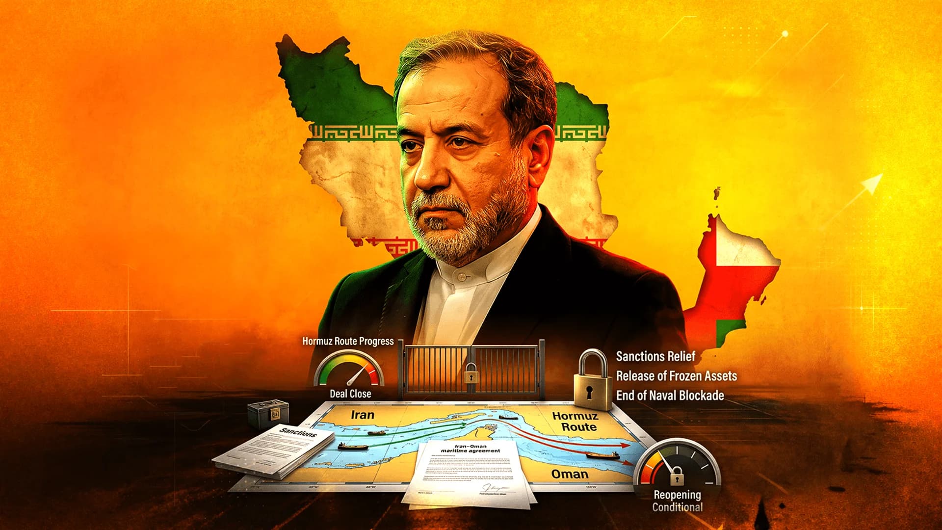صورة لمسؤول إيراني فوق خريطة لإيران وعمان، مع اتفاقية بحرية ومقاييس لمسار الشحن.