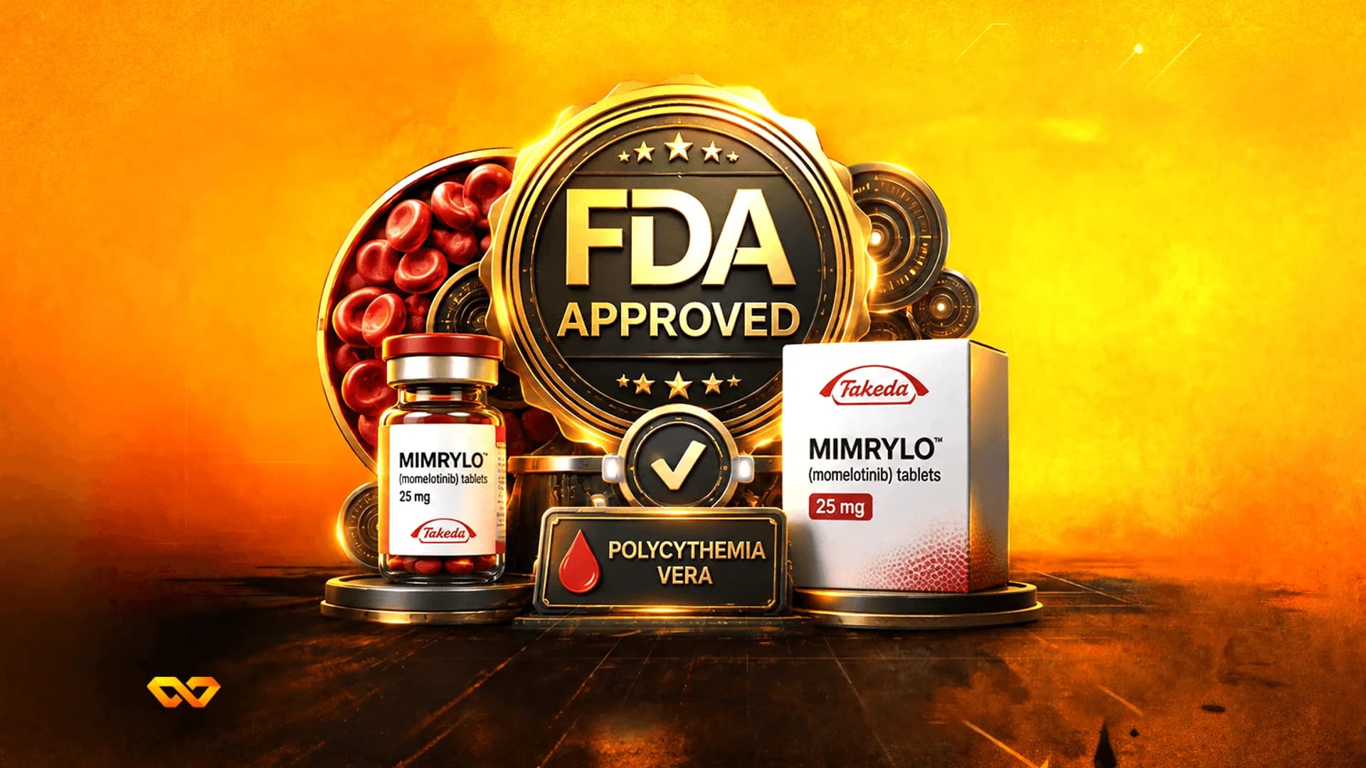 ختم ذهبي مكتوب عليه 'FDA Approved' بجانب زجاجة وعلبة أقراص ميمريلو من شركة تاكيدا على خلفية برتقالية.