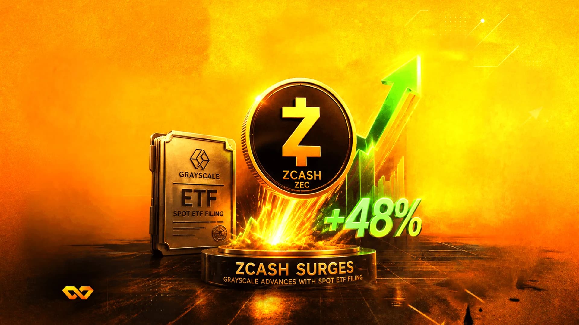 عملة زي كاش ذهبية مع سهم أخضر صاعد ونص +48% على خلفية برتقالية متوهجة.