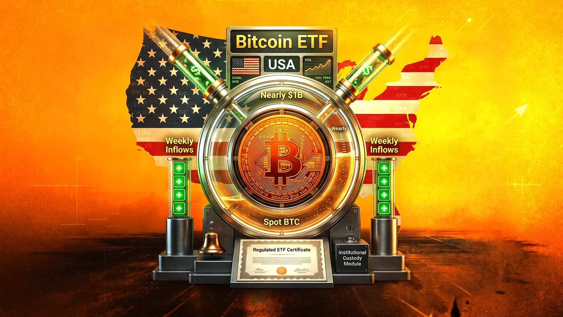 شعار بيتكوين في جهاز معدني مع خلفية لعلم الولايات المتحدة ونص يشير إلى تدفقات أسبوعية تقارب مليار دولار.